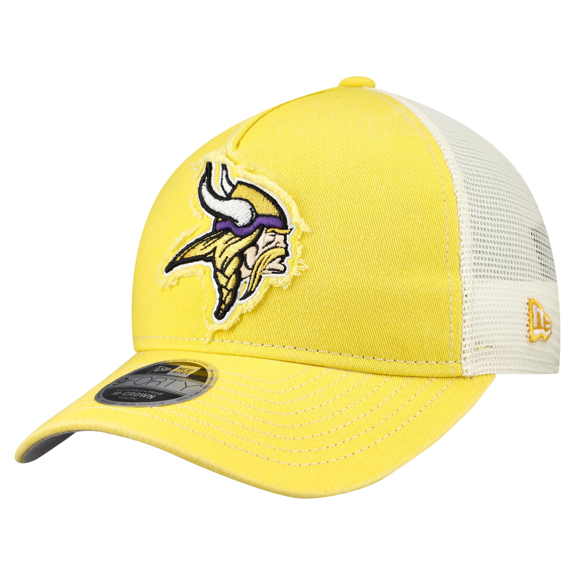Casquette trucker ajustable New Era Gold Minnesota Vikings 9FORTY pour jeunes, modèle A-Frame M-Crown, pour les fans des Vikings du Minnesota.