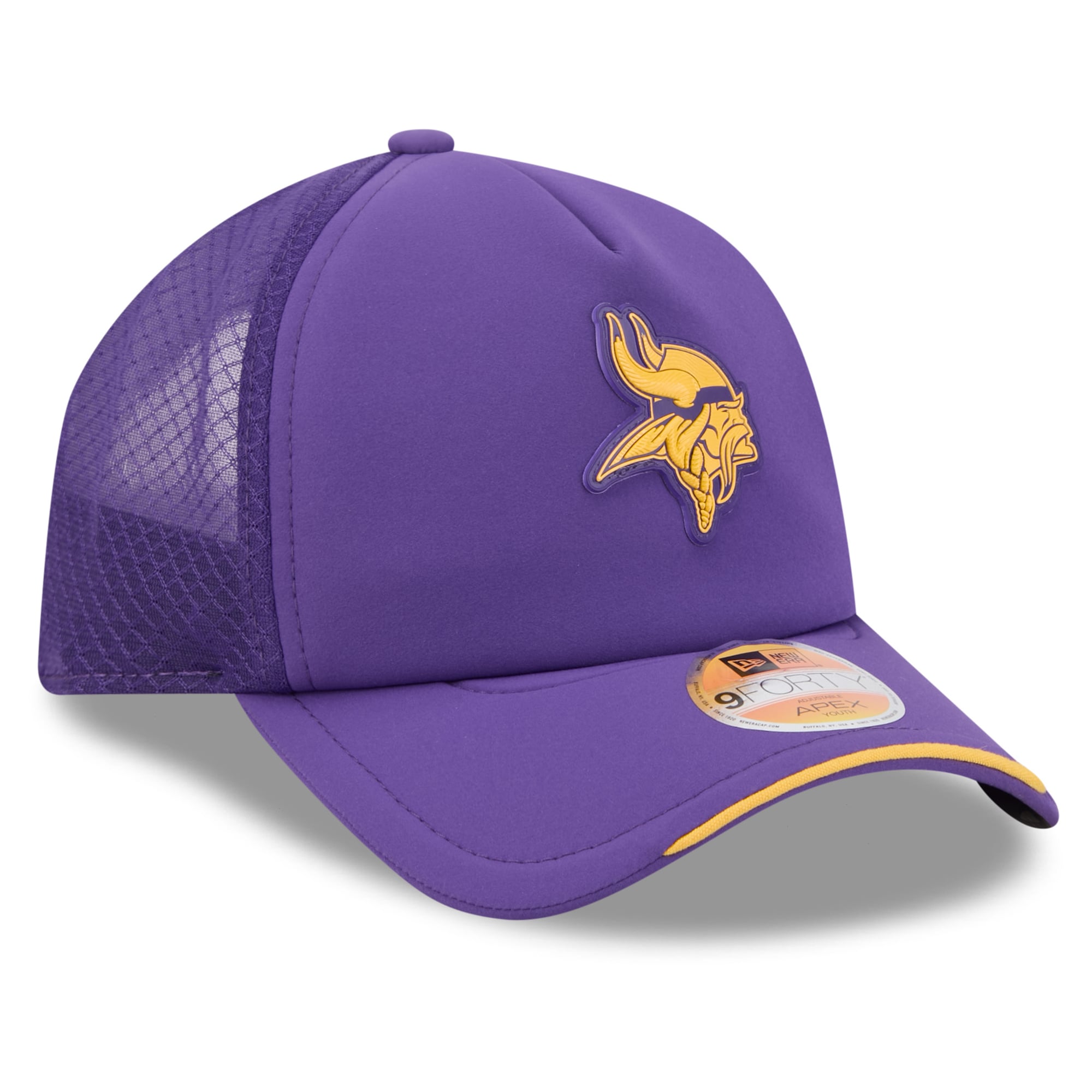 Youth New Era Purple Minnesota Vikings 2026 Sideline Apex 9FORTY Adjustable Trucker Hat