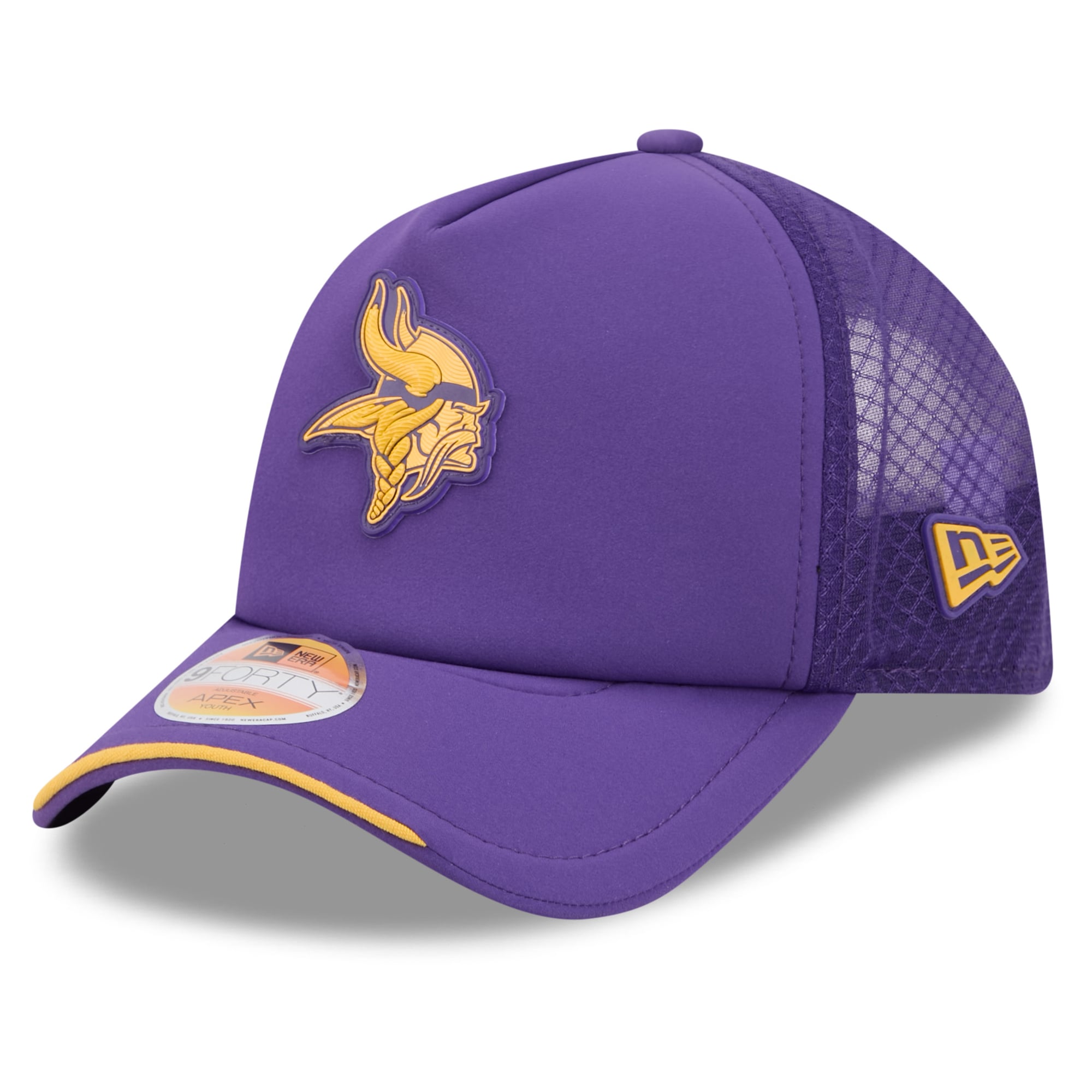 Youth New Era Purple Minnesota Vikings 2026 Sideline Apex 9FORTY Adjustable Trucker Hat