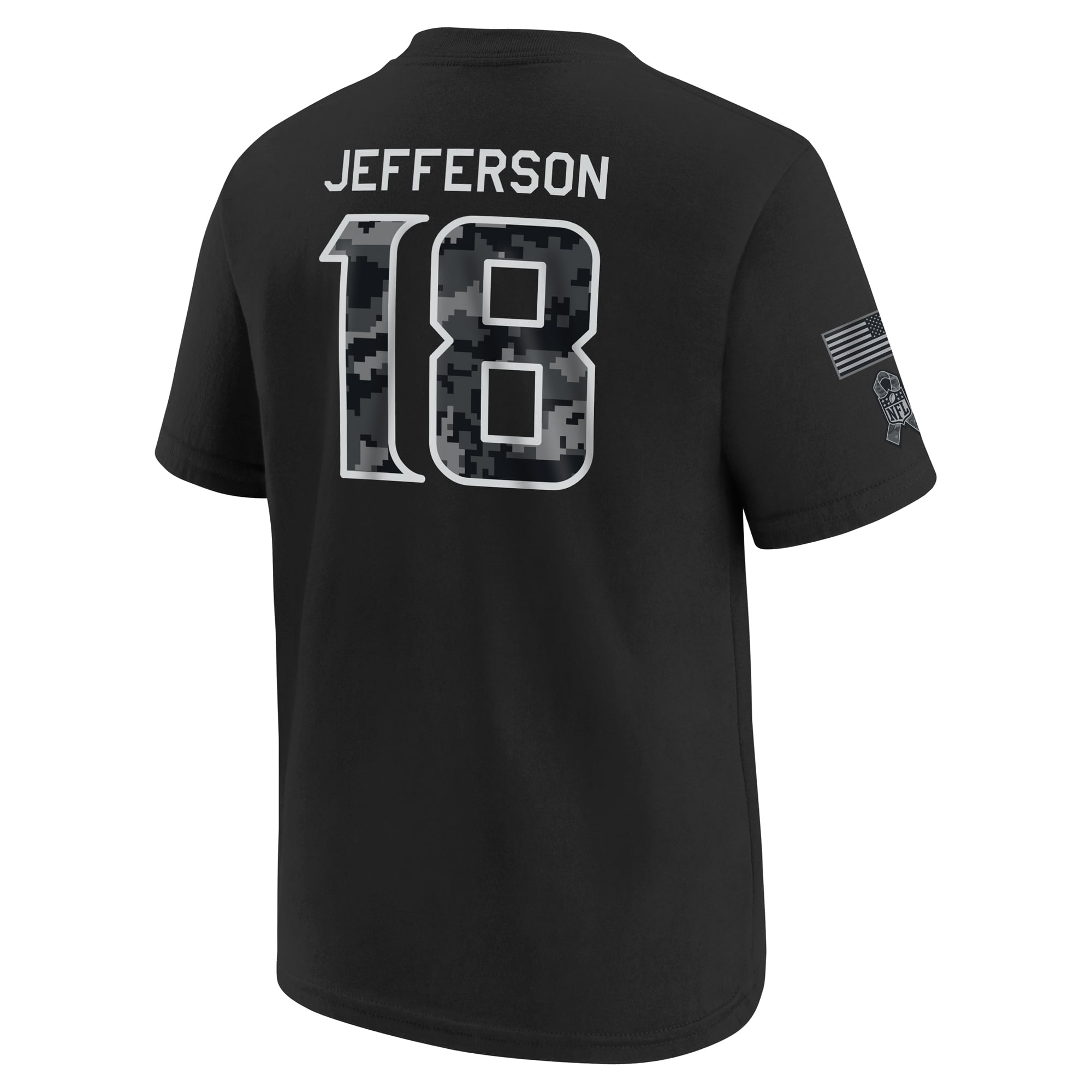 T-shirt Nike Justin Jefferson noir Minnesota Vikings 2026 Salute to Service pour jeunes, avec nom et numéro
