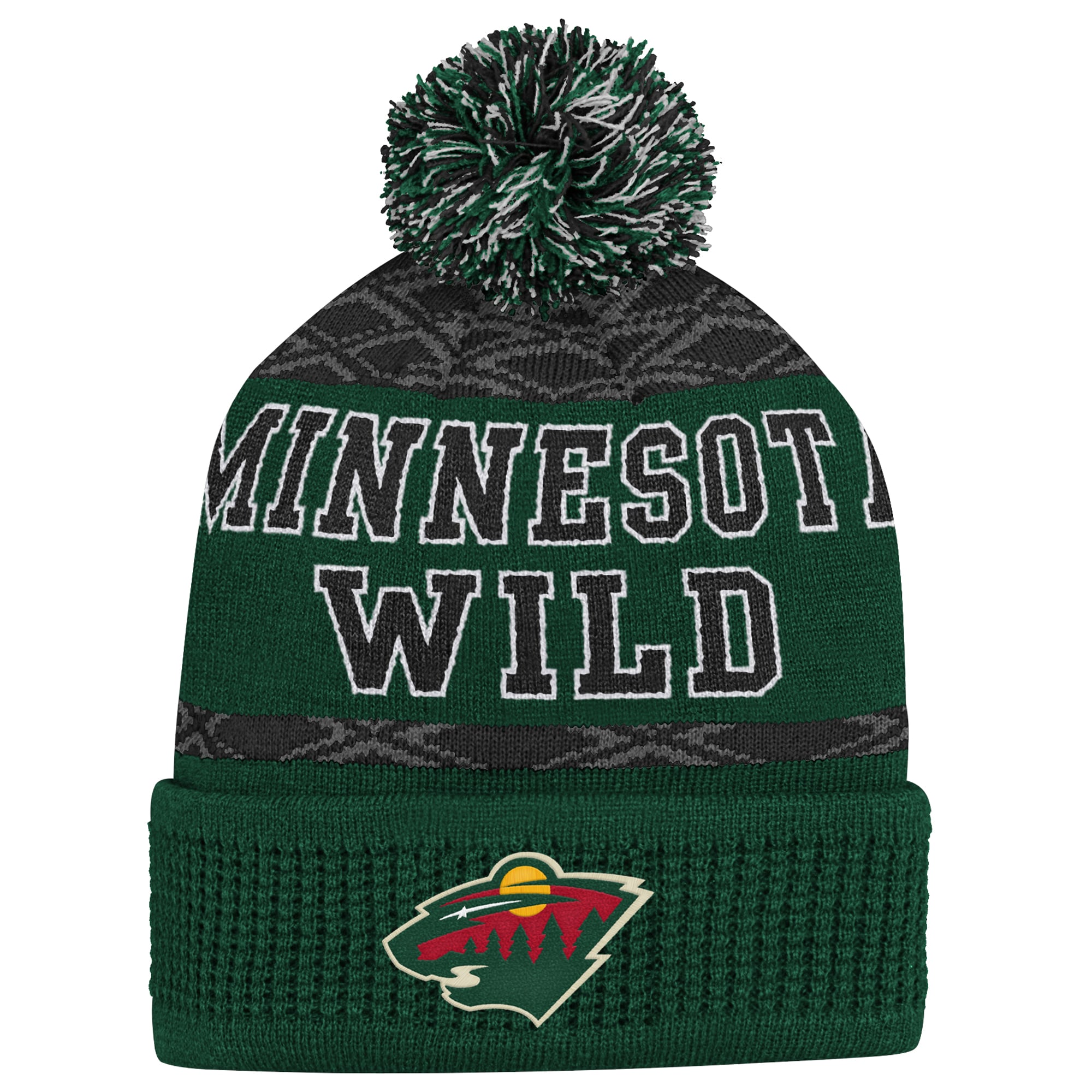 Bonnet tricoté à revers Minnesota Wild vert avec pompon