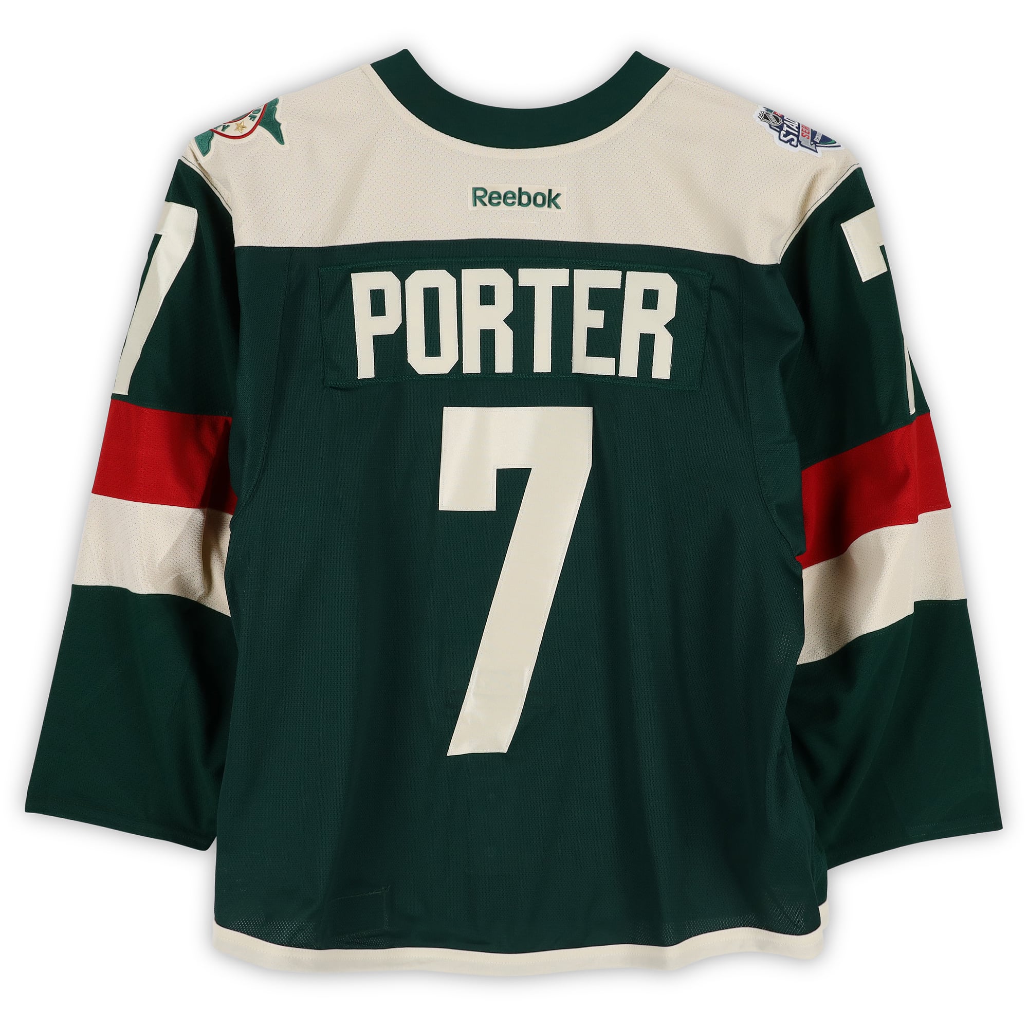 Maillot vert n° 7 de Chris Porter, joueur du Minnesota Wild, lors du match contre le Minnesota Wild le 21 février 2016