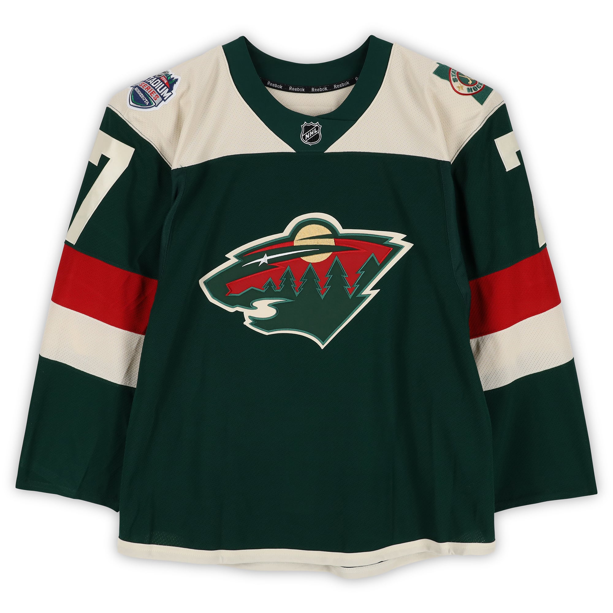 Maillot vert n° 7 de Chris Porter, joueur du Minnesota Wild, lors du match contre le Minnesota Wild le 21 février 2016