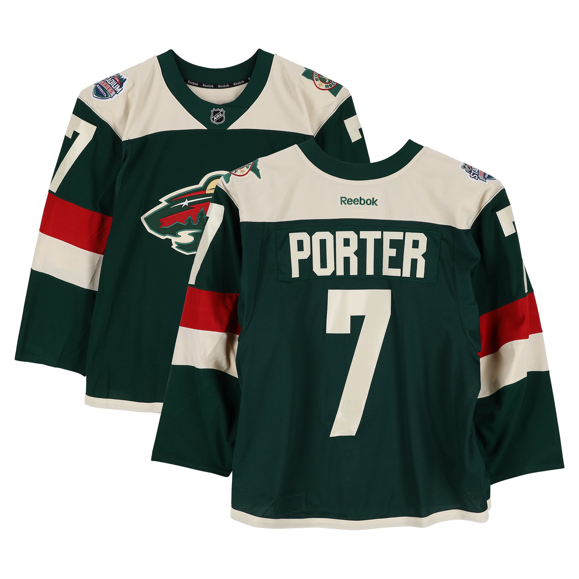 Maillot vert n° 7 de Chris Porter, joueur du Minnesota Wild, lors du match contre le Minnesota Wild le 21 février 2016