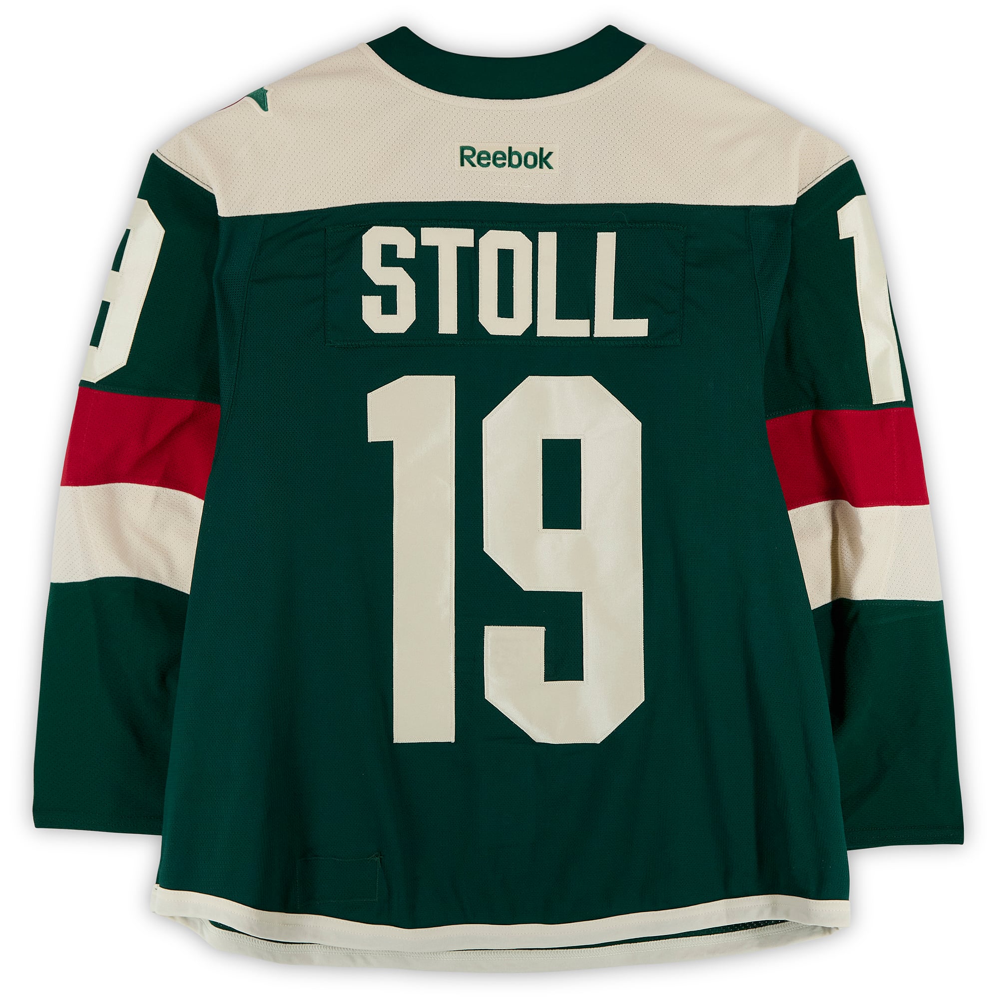 Maillot vert n° 19 porté par Jarret Stoll (Minnesota Wild) lors du match d'entraînement contre les Blackhawks de Chicago le 21 février 2016