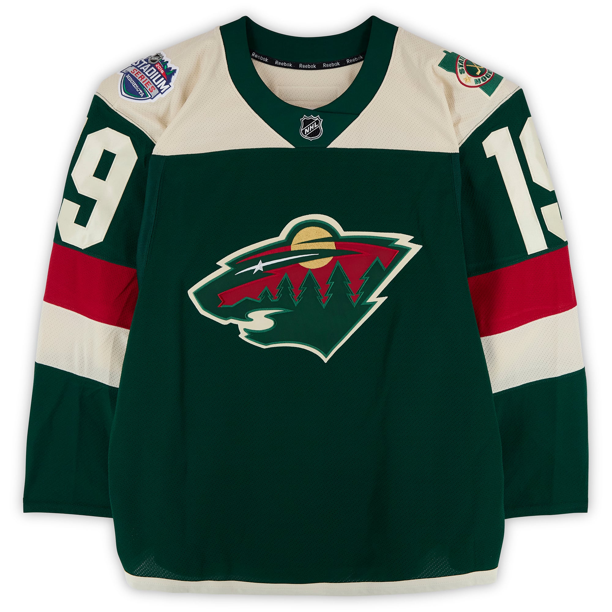 Maillot vert n° 19 porté par Jarret Stoll (Minnesota Wild) lors du match d'entraînement contre les Blackhawks de Chicago le 21 février 2016