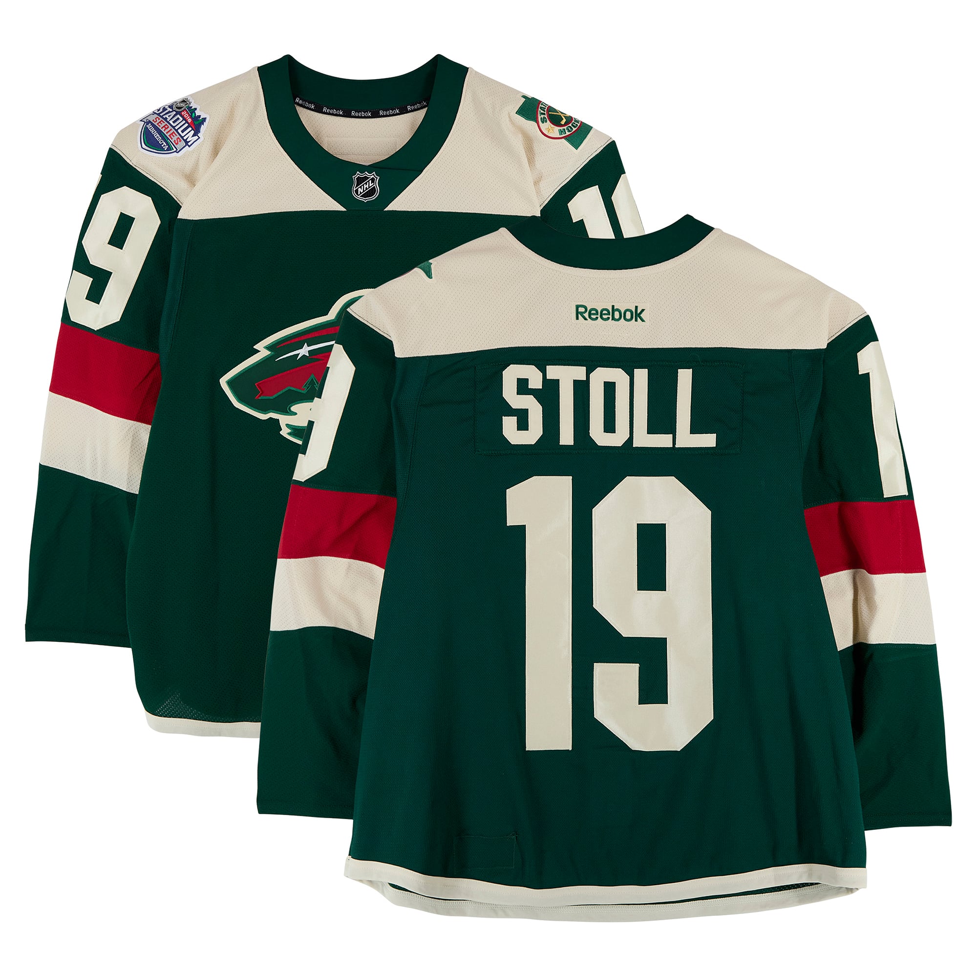 Maillot vert n° 19 porté par Jarret Stoll (Minnesota Wild) lors du match d'entraînement contre les Blackhawks de Chicago le 21 février 2016