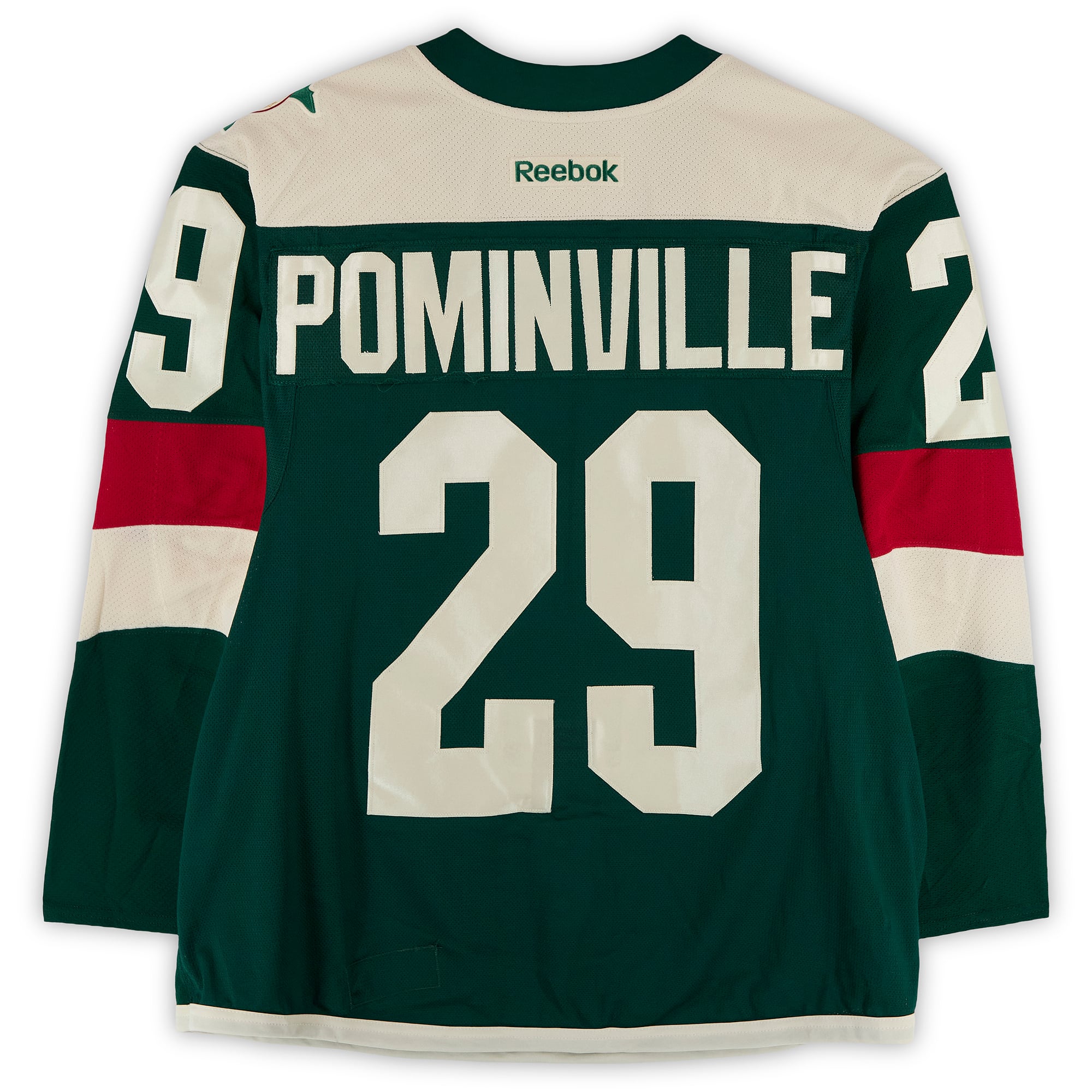 Maillot vert n° 29 porté à l'entraînement par Jason Pominville (Minnesota Wild) lors du match contre les Blackhawks de Chicago le 21 février 2016