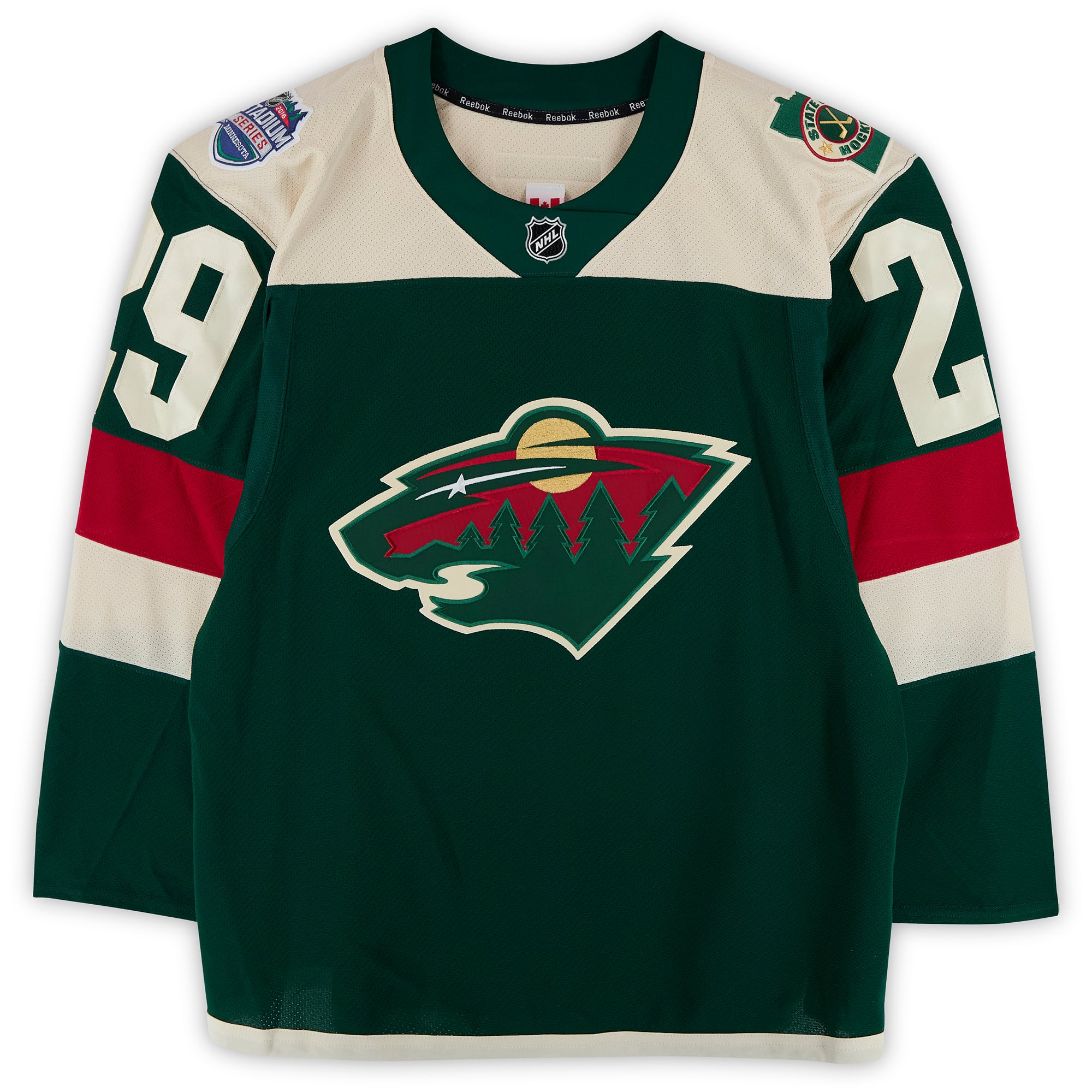 Maillot vert n° 29 porté à l'entraînement par Jason Pominville (Minnesota Wild) lors du match contre les Blackhawks de Chicago le 21 février 2016
