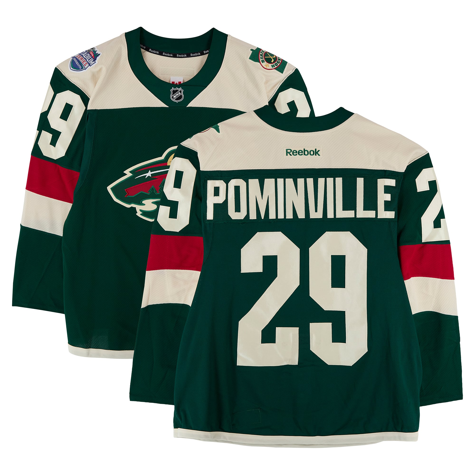 Maillot vert n° 29 porté à l'entraînement par Jason Pominville (Minnesota Wild) lors du match contre les Blackhawks de Chicago le 21 février 2016