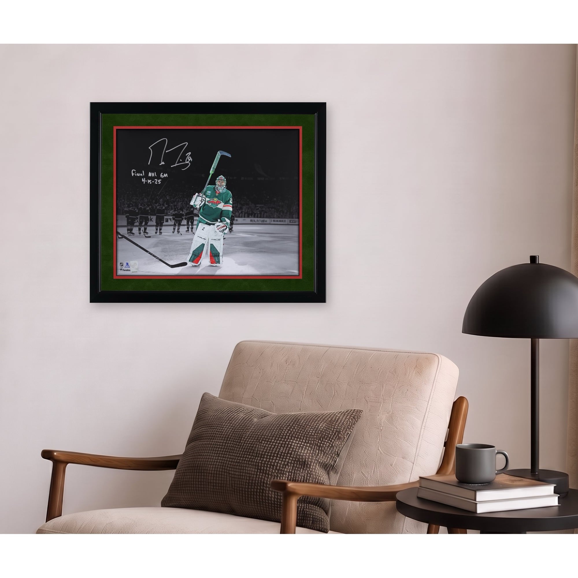 Marc-Andre Fleury Minnesota Wild Autographed 16" x 20" Final NHL Regular Season Game Spotlight Photograph with "Final NHL GM 4/15/25" Inscription