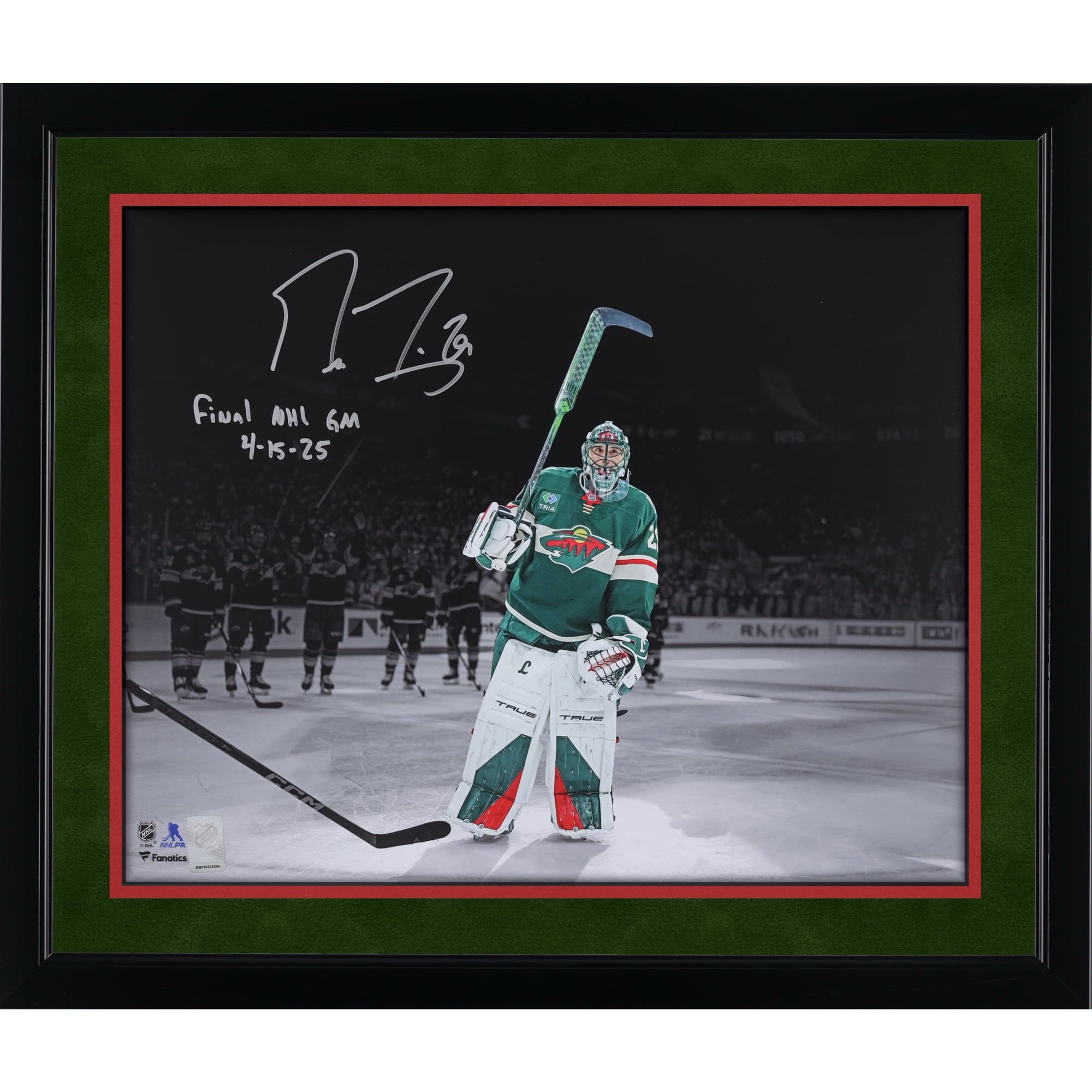 Marc-Andre Fleury Minnesota Wild Autographed 16" x 20" Final NHL Regular Season Game Spotlight Photograph with "Final NHL GM 4/15/25" Inscription