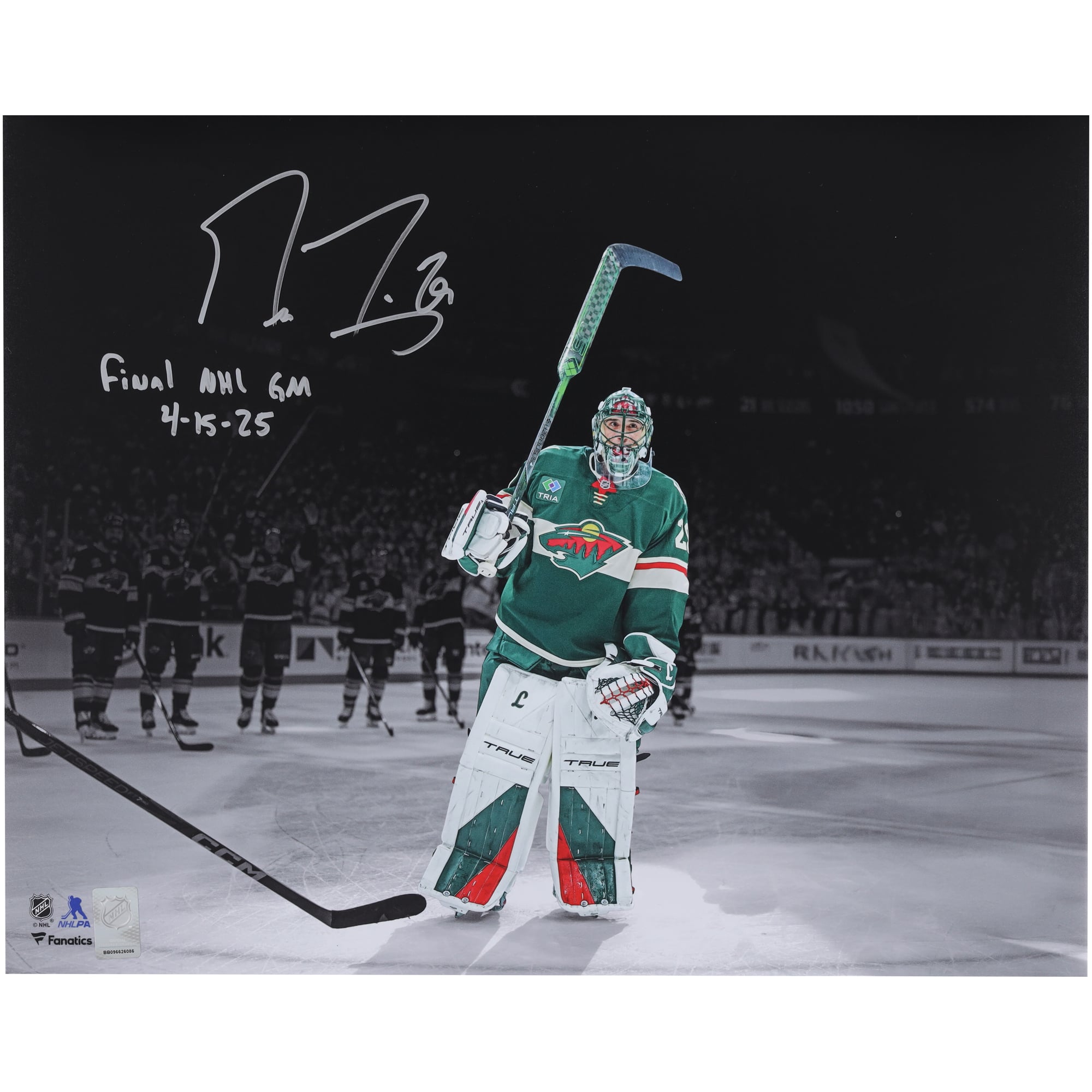 Photo dédicacée de Marc-André Fleury, Minnesota Wild, 40,6 x 50,8 cm (16 x 20 pouces), prise lors de son dernier match de saison régulière de la LNH, avec inscription « Dernier directeur général de la LNH, 15/04/2025 ».