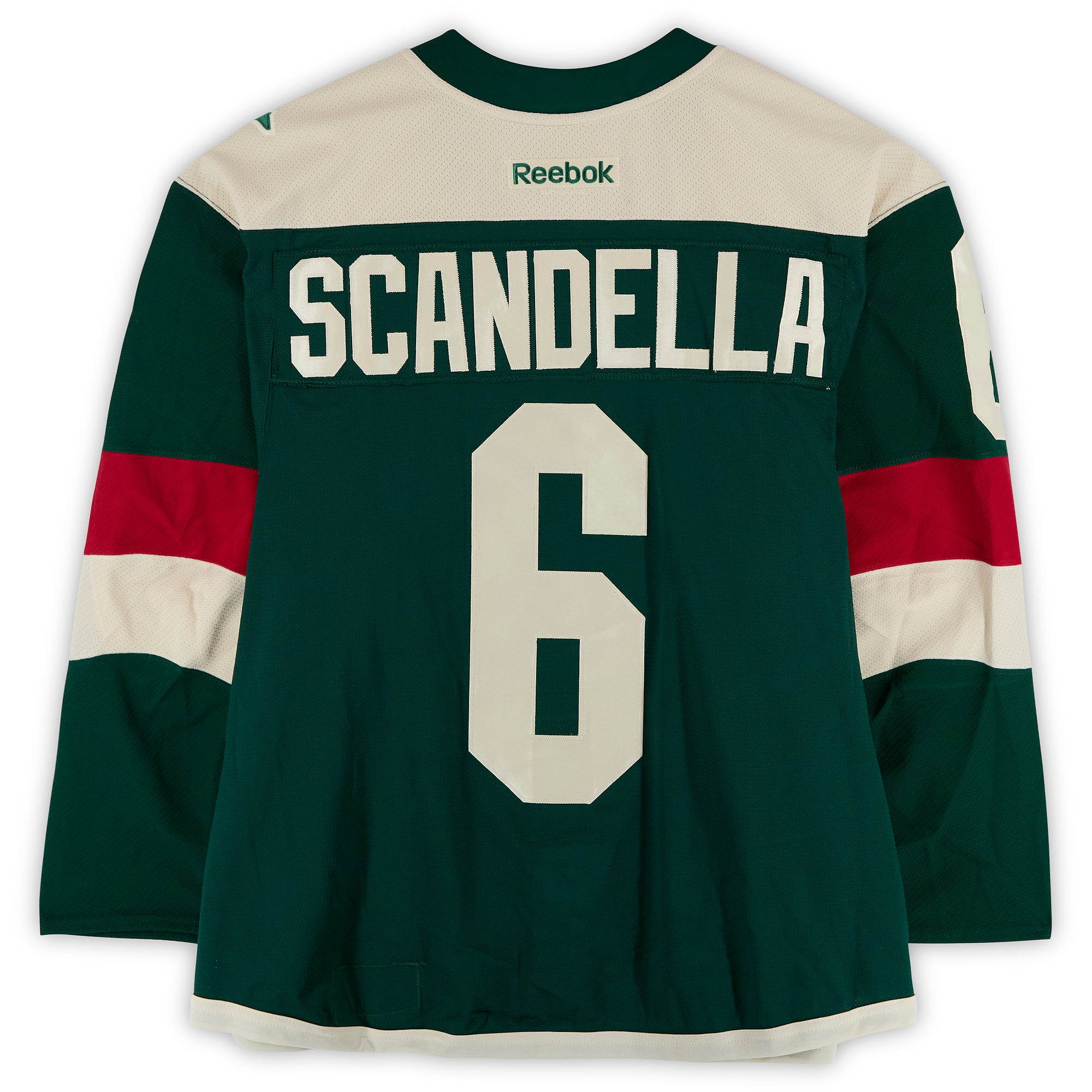 Maillot vert n° 6 de Marco Scandella (Minnesota Wild) porté à l'entraînement lors du match contre les Blackhawks de Chicago le 21 février 2016
