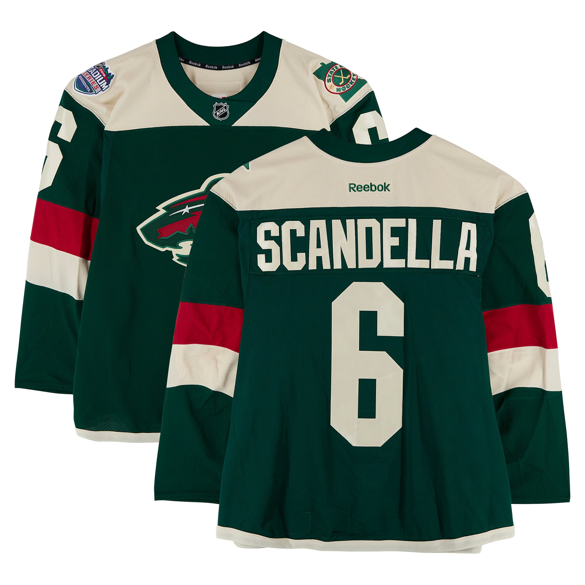 Maillot vert n° 6 de Marco Scandella (Minnesota Wild) porté à l'entraînement lors du match contre les Blackhawks de Chicago le 21 février 2016