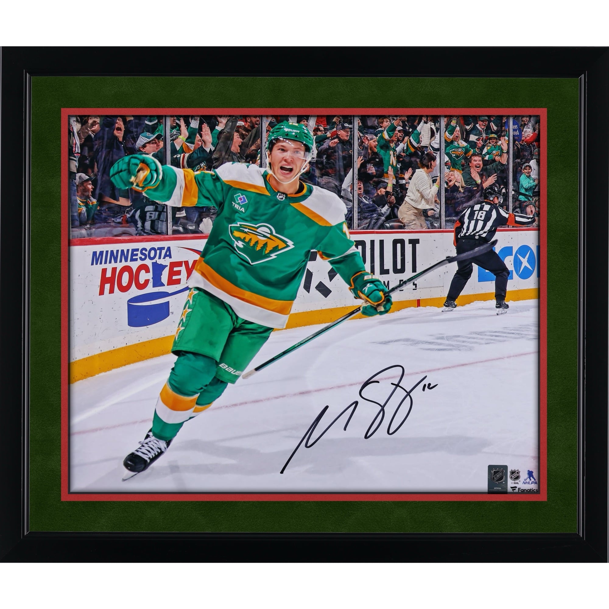 Matthew Boldy Minnesota Wild Autographed 16" x 20" Green Alternate Jersey Celebration Photograph