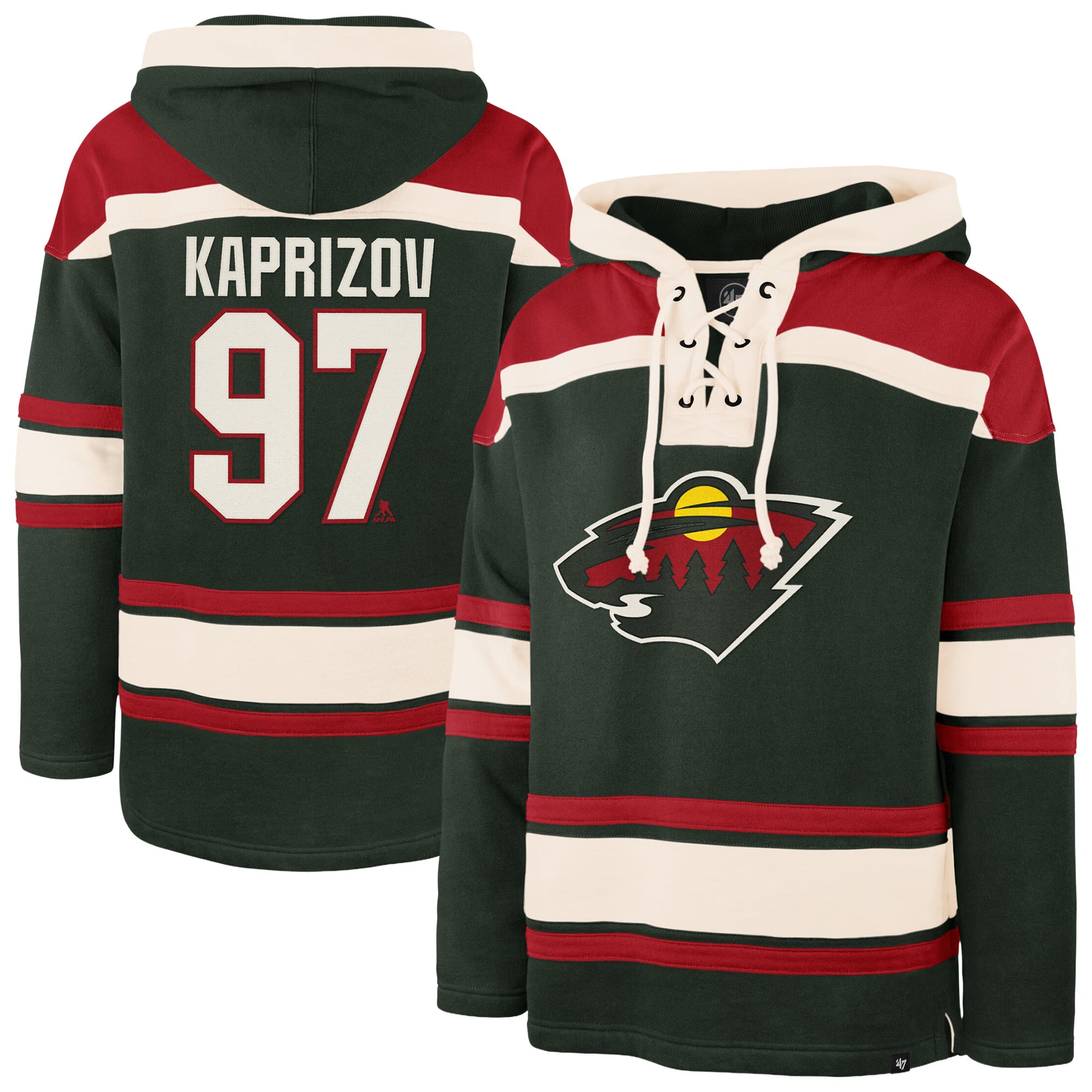 Men's '47 Kirill Kaprizov Green Minnesota Wild Player Name & Number Lacer Hoodie