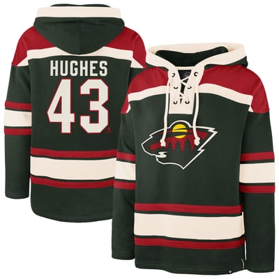 Men's Minnesota Wild Quinn Hughes '47 Green Player Name & Number Lacer Hoodie
