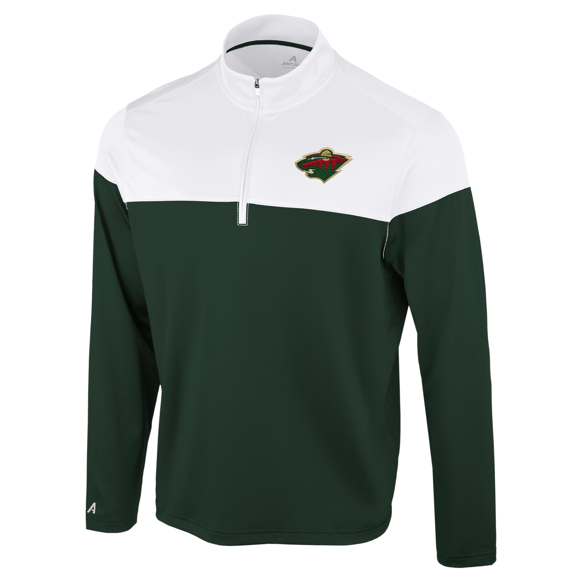 Pull à col zippé Antigua Hunter Green/White Minnesota Wild Hinder pour homme
