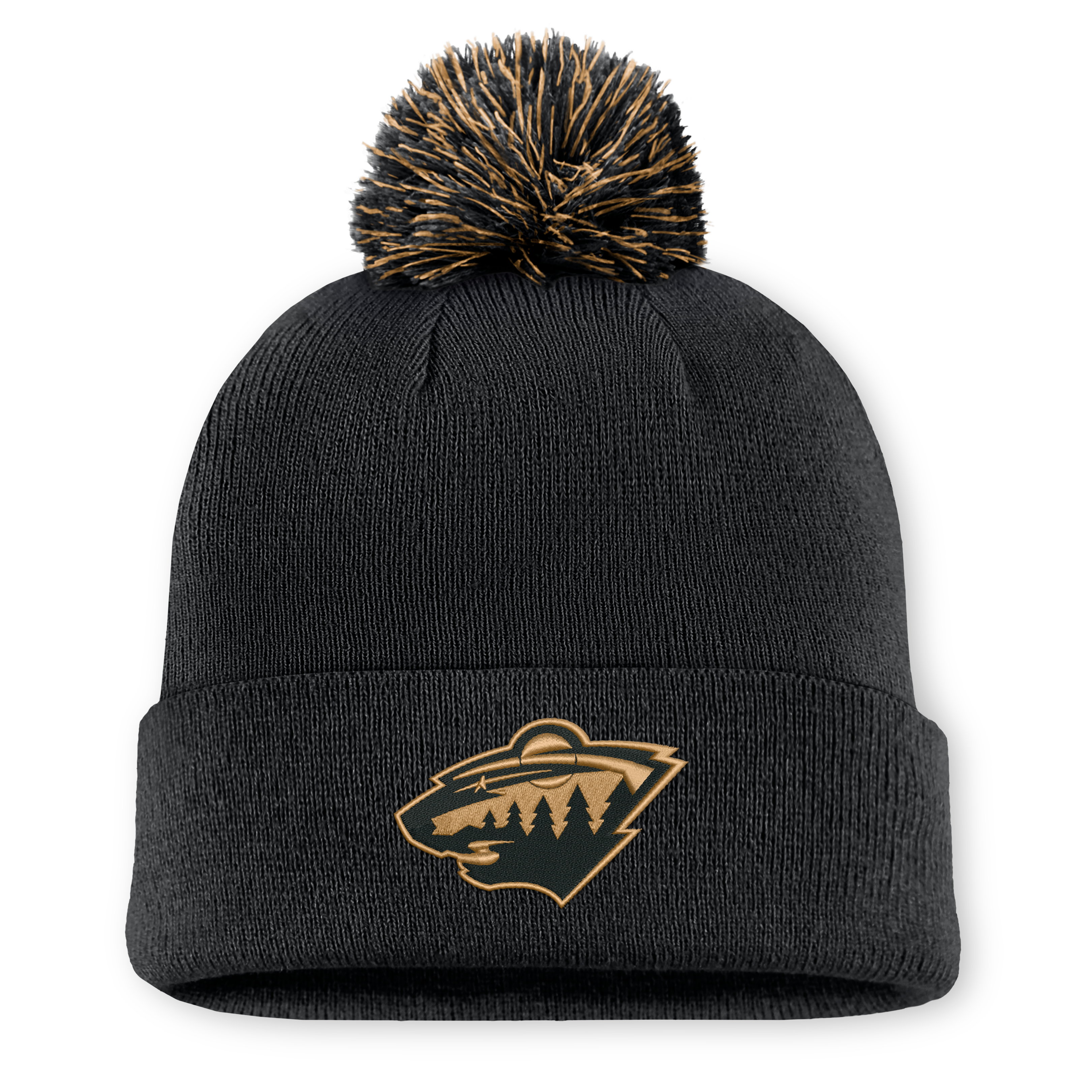 Bonnet tricoté authentique à revers avec pompon, orné d'un motif Minnesota Wild Military Appreciation, de la marque Fanatics Black.