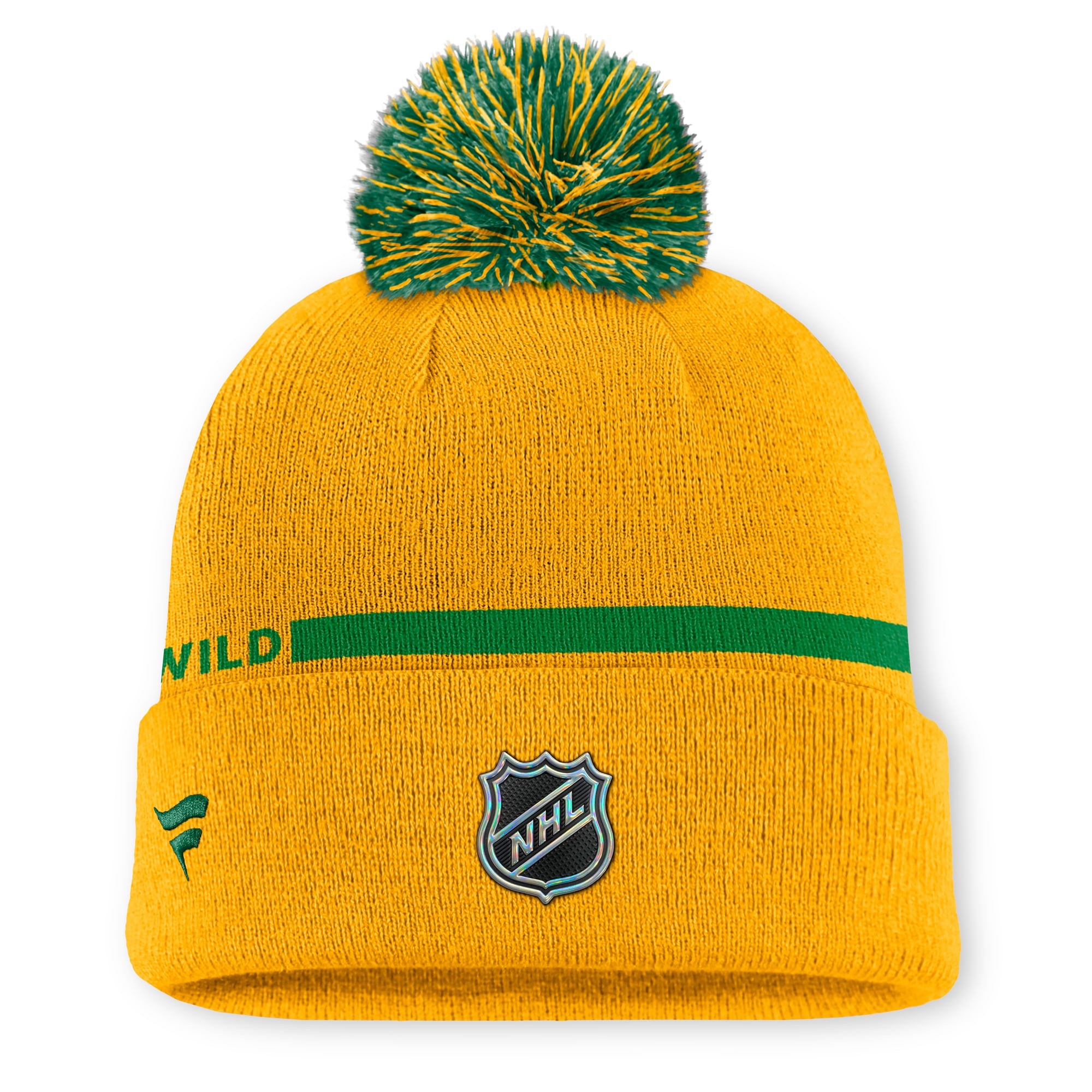 Bonnet tricoté à revers Fanatics Gold Minnesota Wild Authentic Pro Alternate pour homme avec pompon