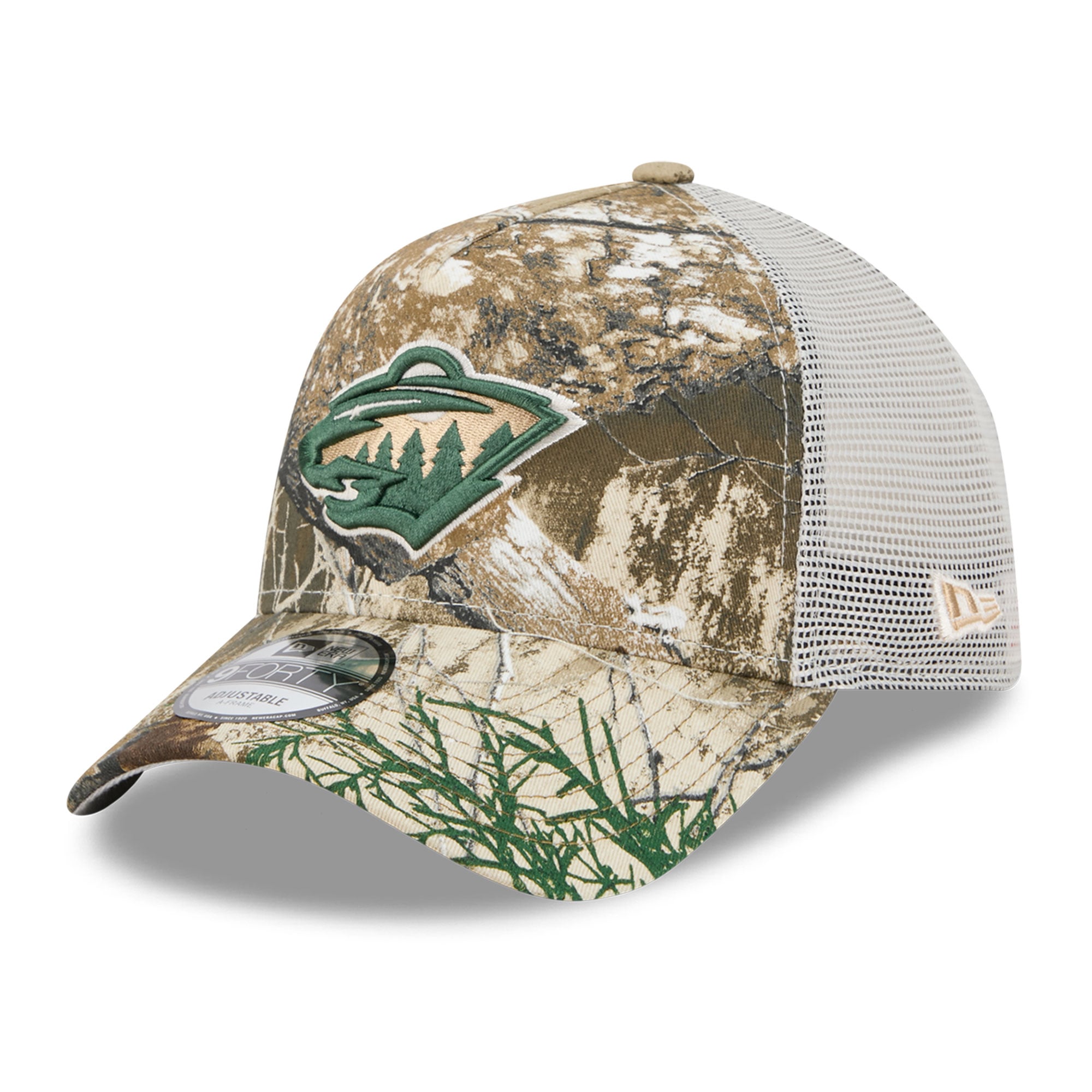 Casquette trucker ajustable New Era Camo Minnesota Wild Real Tree A-Frame 9FORTY pour homme