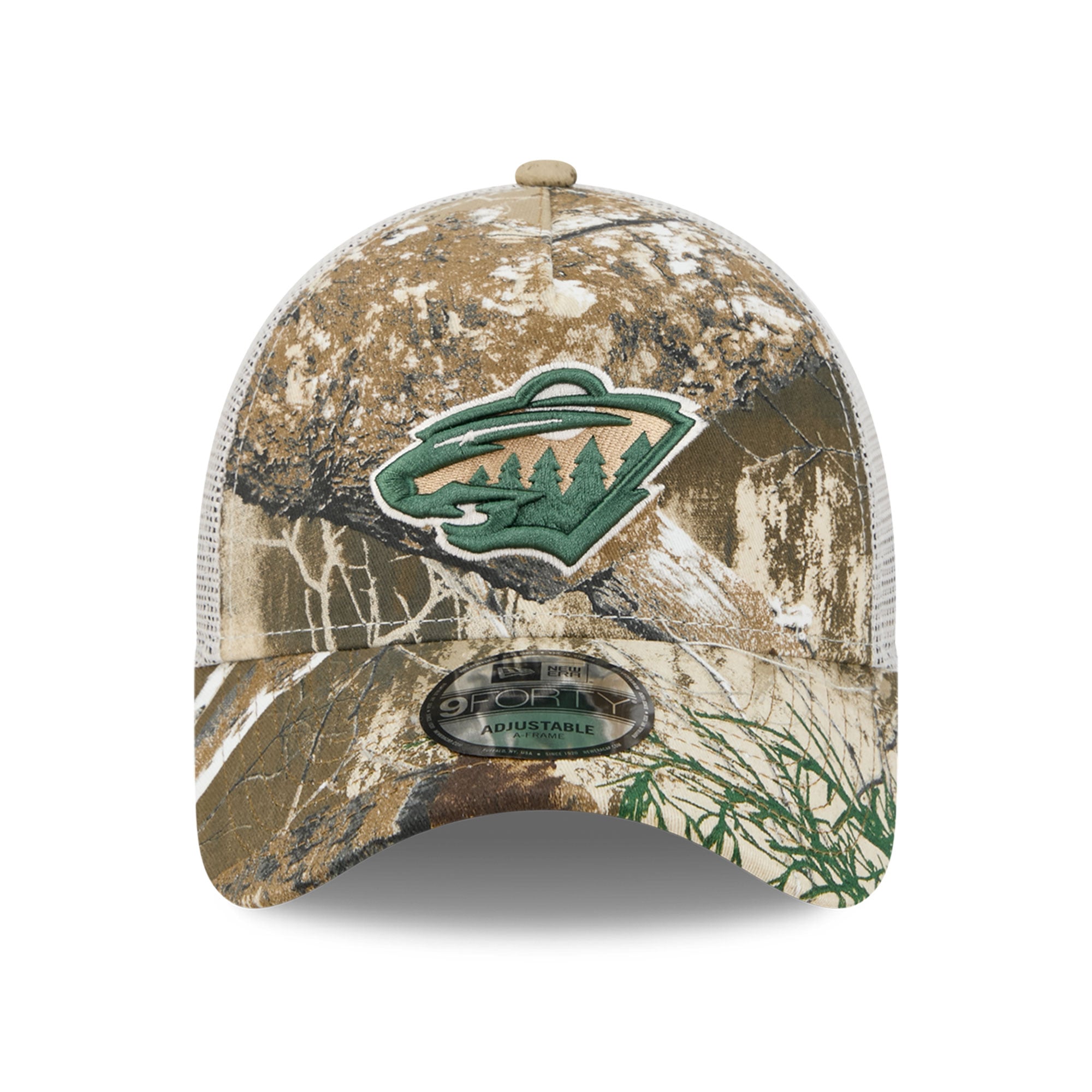 Casquette trucker ajustable New Era Camo Minnesota Wild Real Tree A-Frame 9FORTY pour homme