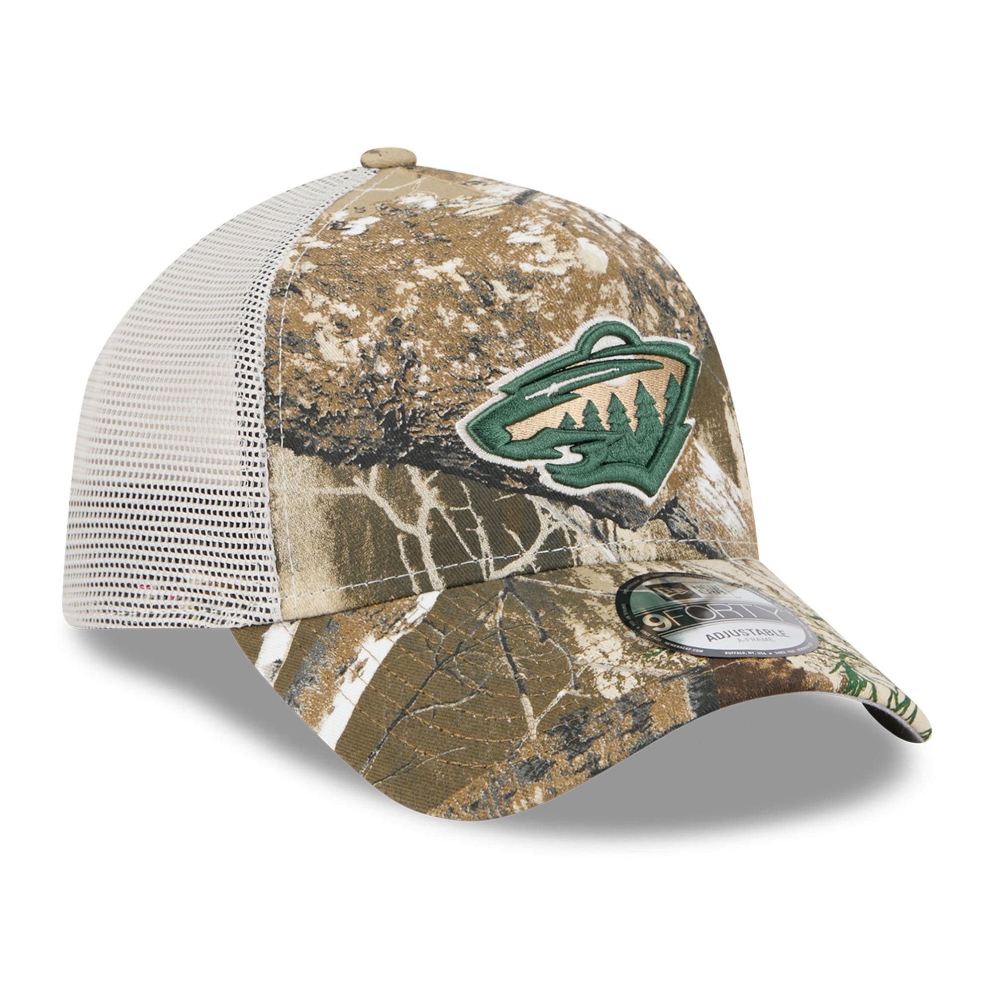 Casquette trucker ajustable New Era Camo Minnesota Wild Real Tree A-Frame 9FORTY pour homme