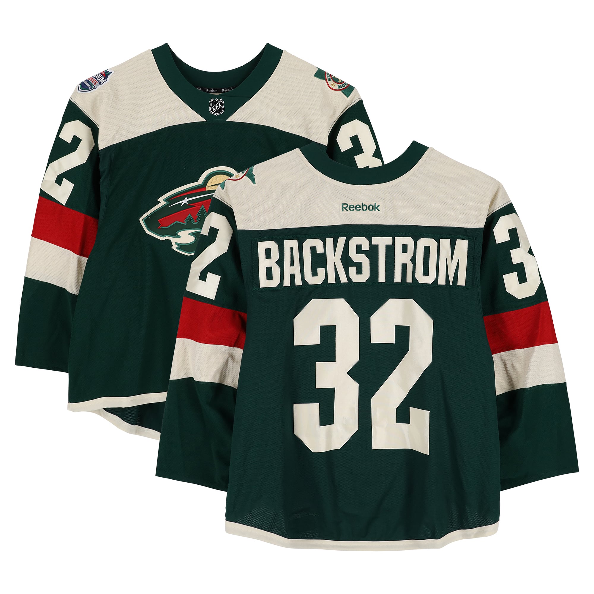 Maillot vert n° 32 de Niklas Backstrom (Minnesota Wild) lors du match contre le Minnesota Wild le 21 février 2016
