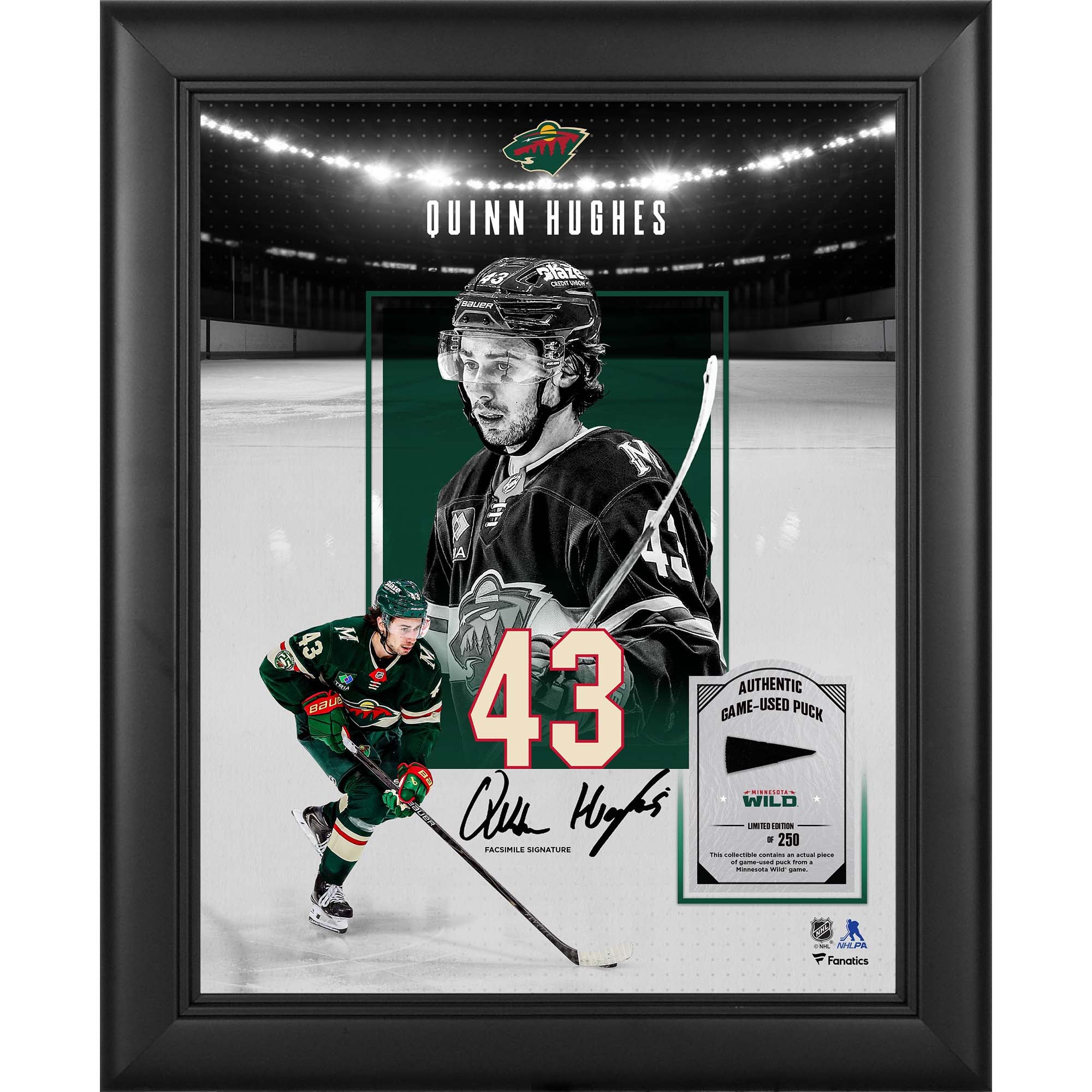 Collage encadré 11 x 14 pouces, signature fac-similé de Quinn Hughes (Minnesota Wild), avec un morceau de palet utilisé en match - Édition limitée à 250 exemplaires