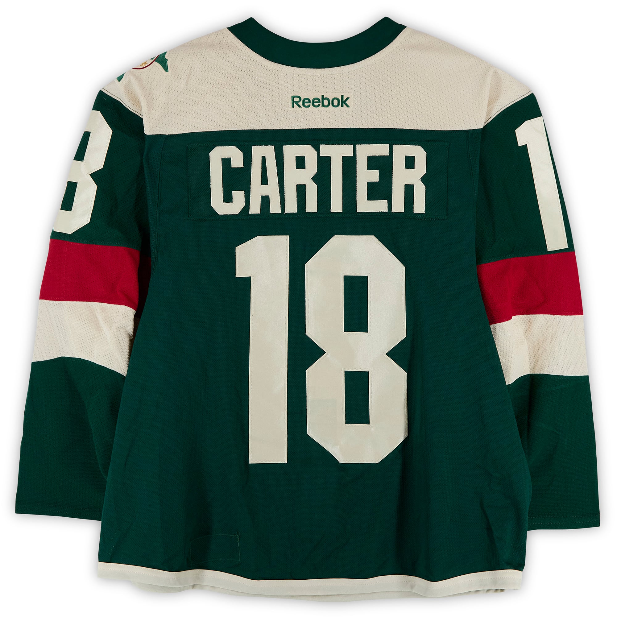 Maillot vert n° 18 porté par Ryan Carter (Minnesota Wild) lors du match d'entraînement contre les Blackhawks de Chicago le 21 février 2016