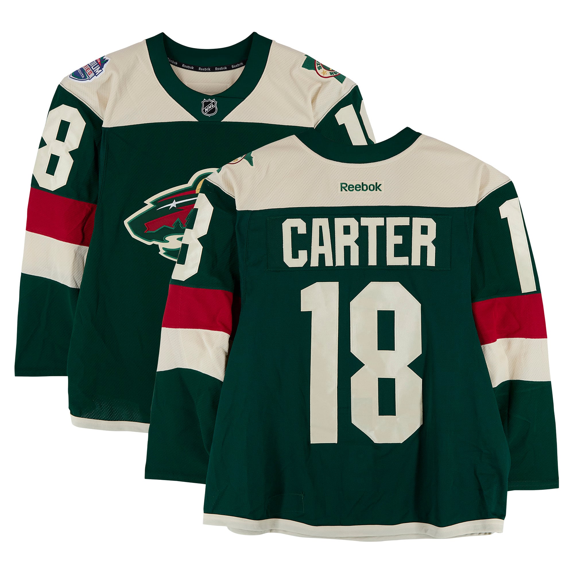 Maillot vert n° 18 porté par Ryan Carter (Minnesota Wild) lors du match d'entraînement contre les Blackhawks de Chicago le 21 février 2016
