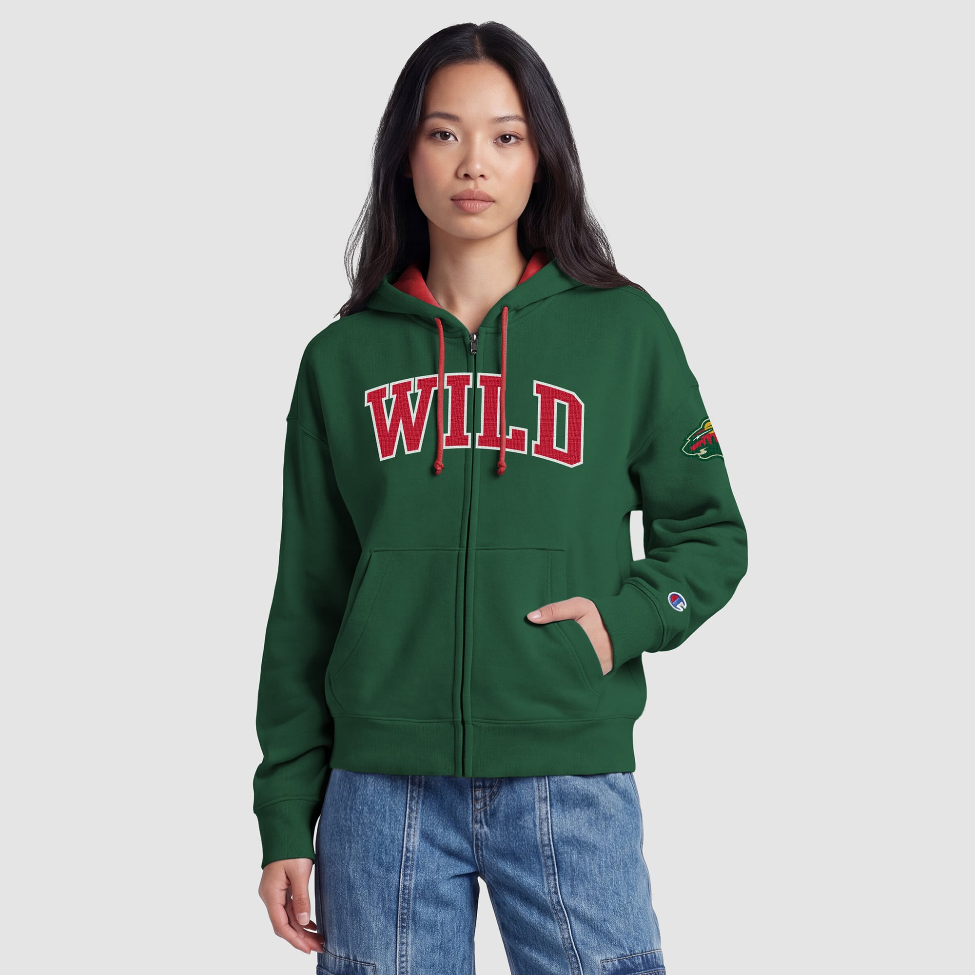 Women's Champion Green/Red Minnesota Wild Applique Full-Zip Fleece Hoodie