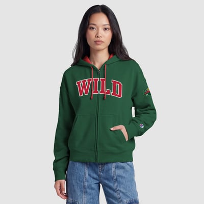 Women's Minnesota Wild Champion Green/Red Applique Full-Zip Fleece Hoodie