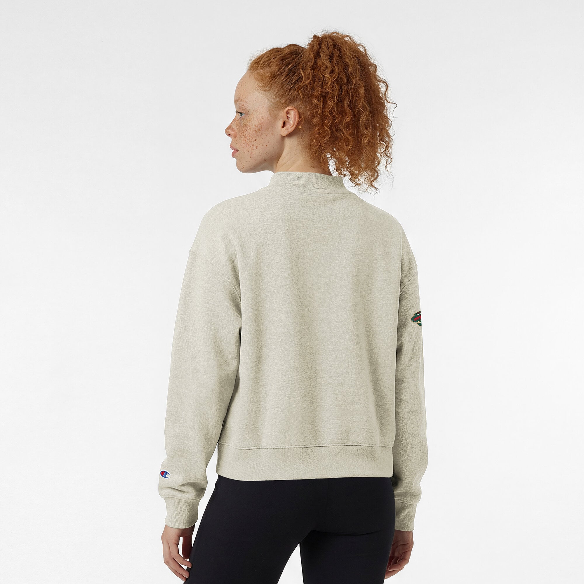 Women's Champion  Oatmeal Minnesota Wild Collar Script Triumph Tri-Blend Fleece Sweatshirt