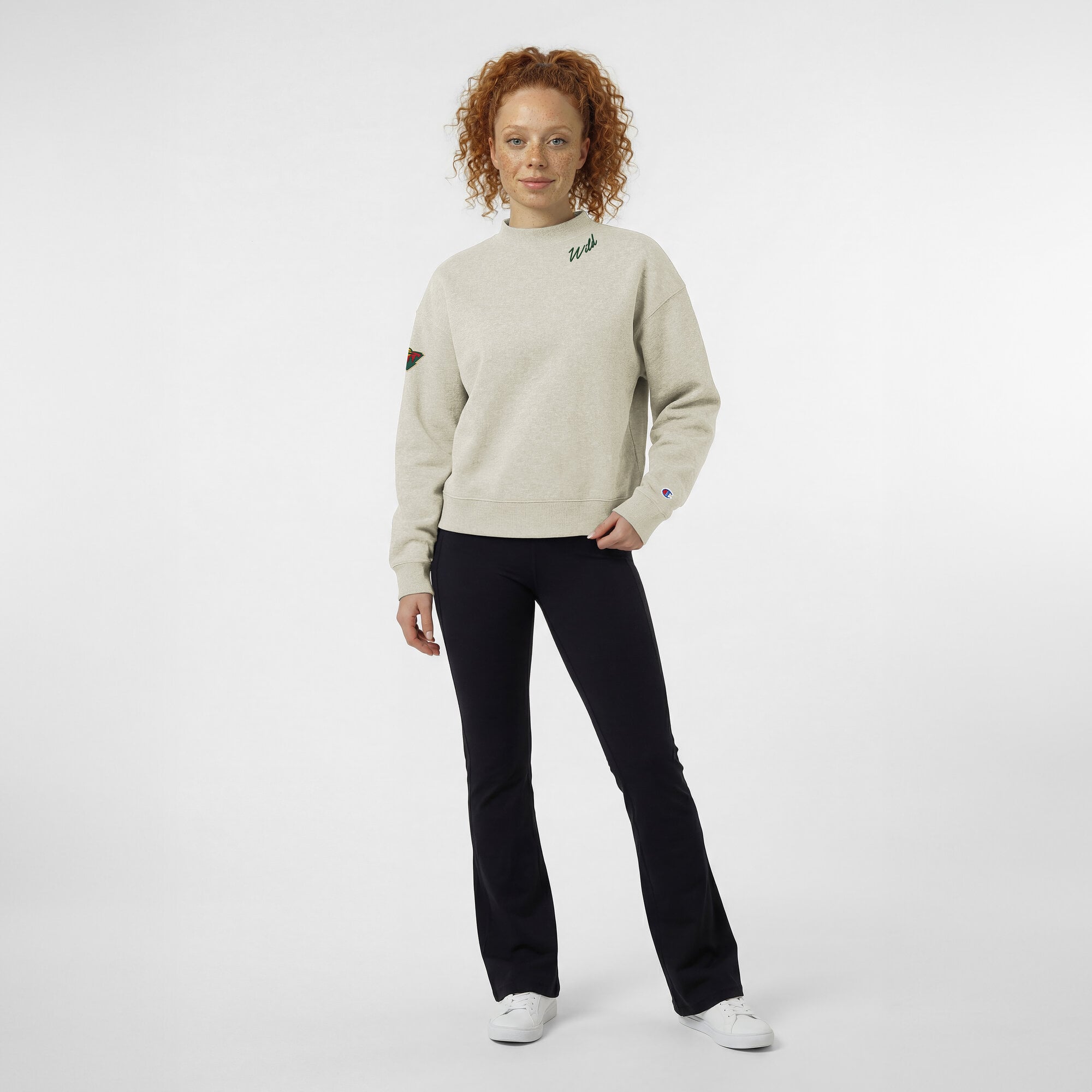 Women's Champion  Oatmeal Minnesota Wild Collar Script Triumph Tri-Blend Fleece Sweatshirt