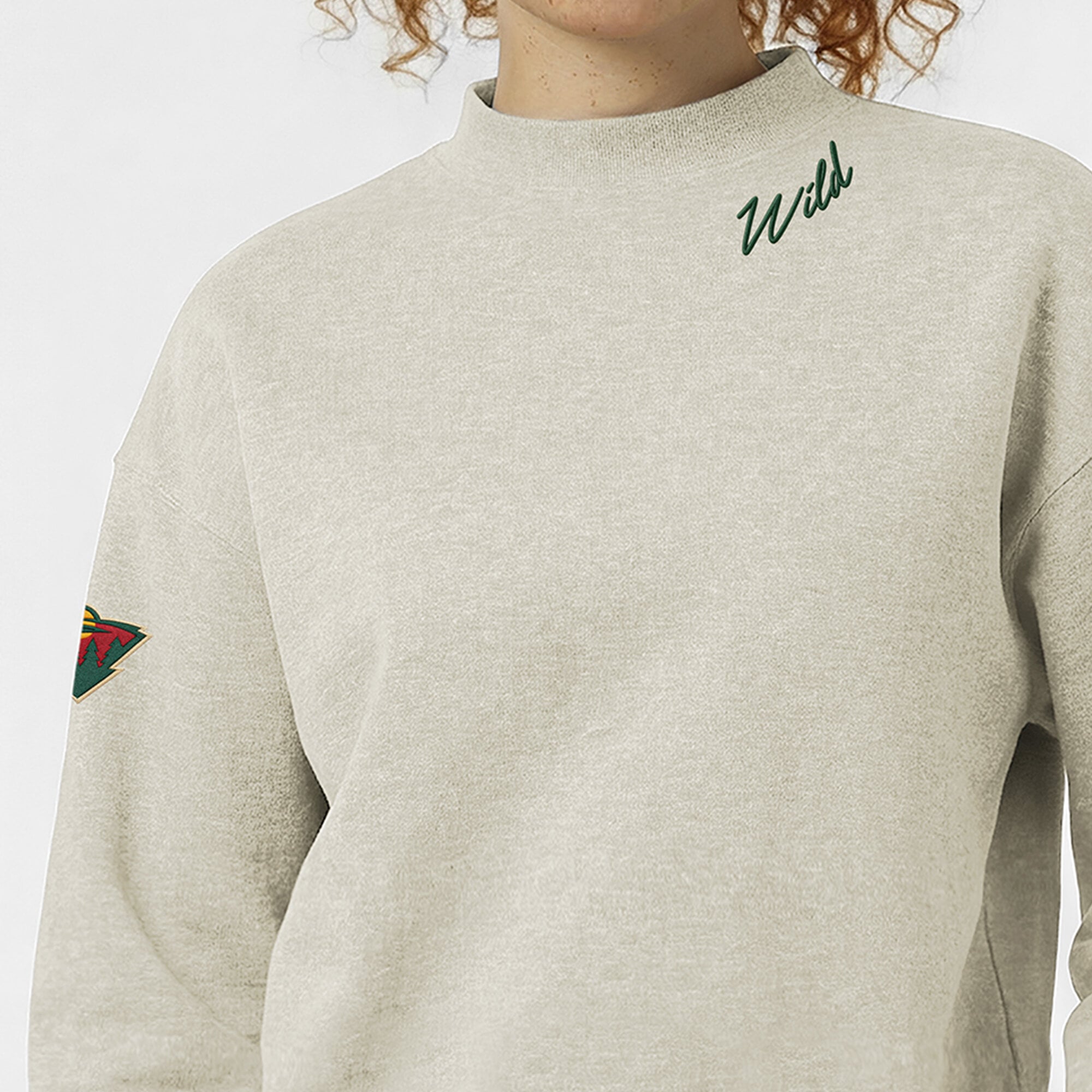 Women's Champion  Oatmeal Minnesota Wild Collar Script Triumph Tri-Blend Fleece Sweatshirt