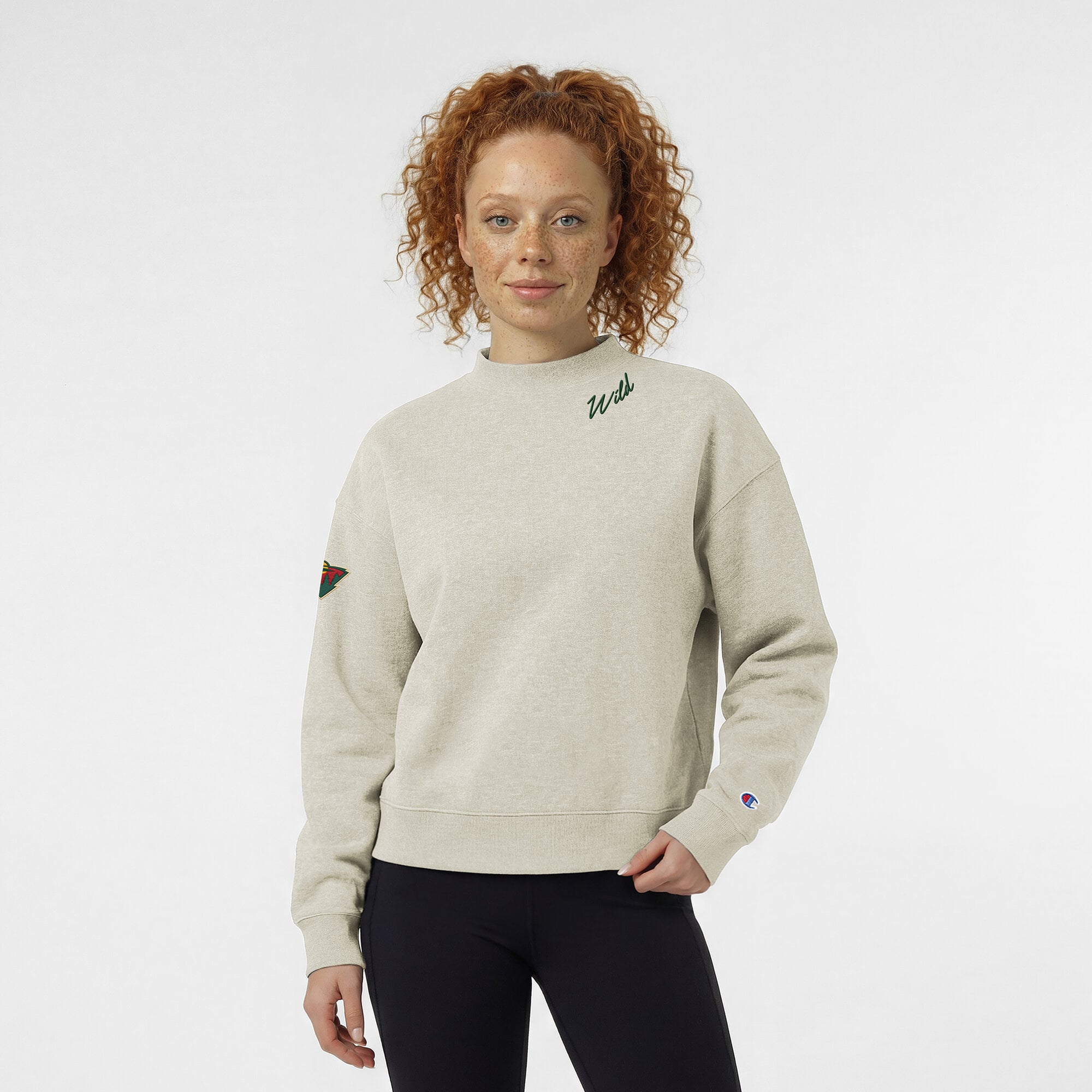 Women's Champion  Oatmeal Minnesota Wild Collar Script Triumph Tri-Blend Fleece Sweatshirt