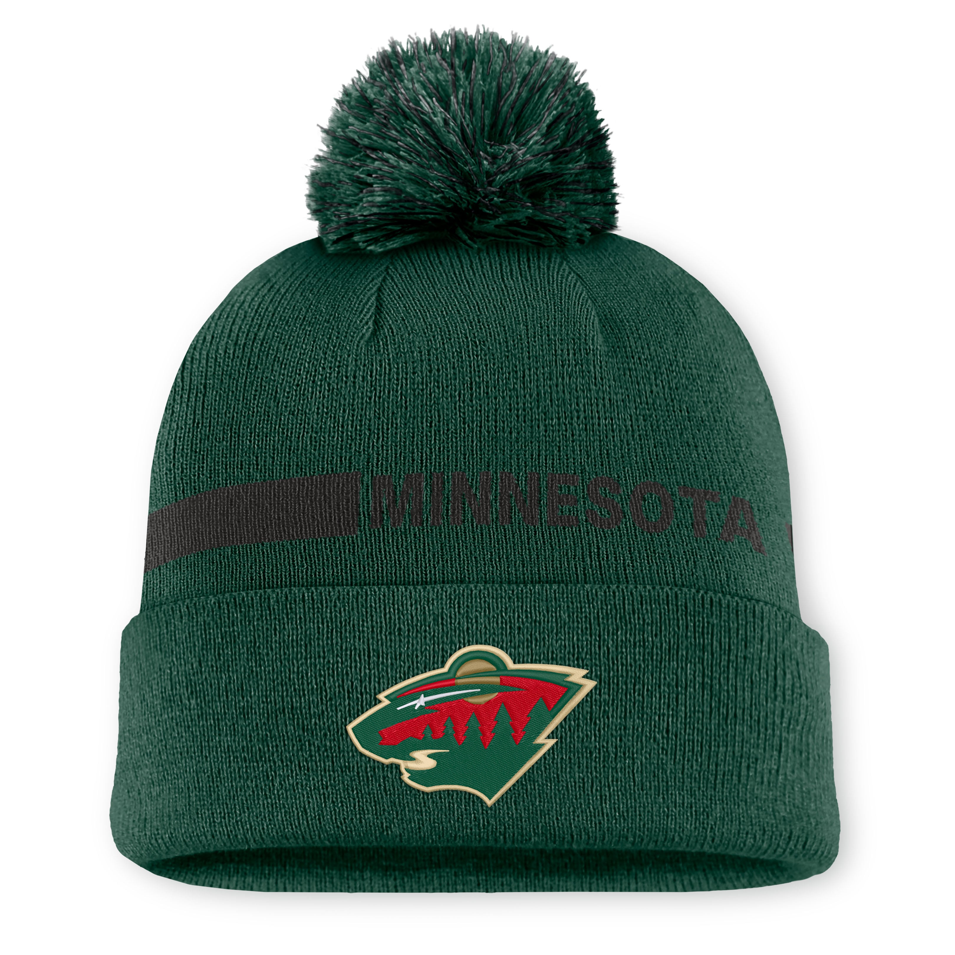 Bonnet tricoté à revers avec pompon, vert authentique Minnesota Wild, de la marque Fanatics, pour femme