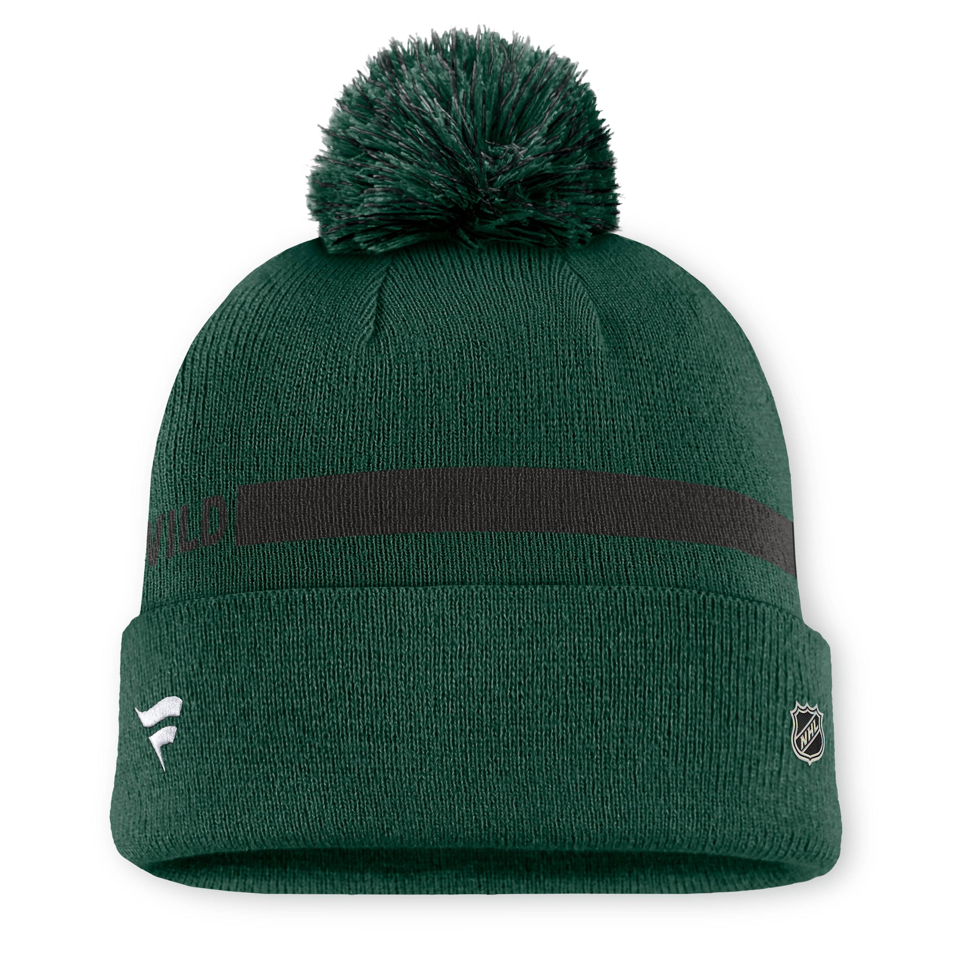 Bonnet tricoté à revers avec pompon, vert authentique Minnesota Wild, de la marque Fanatics, pour femme