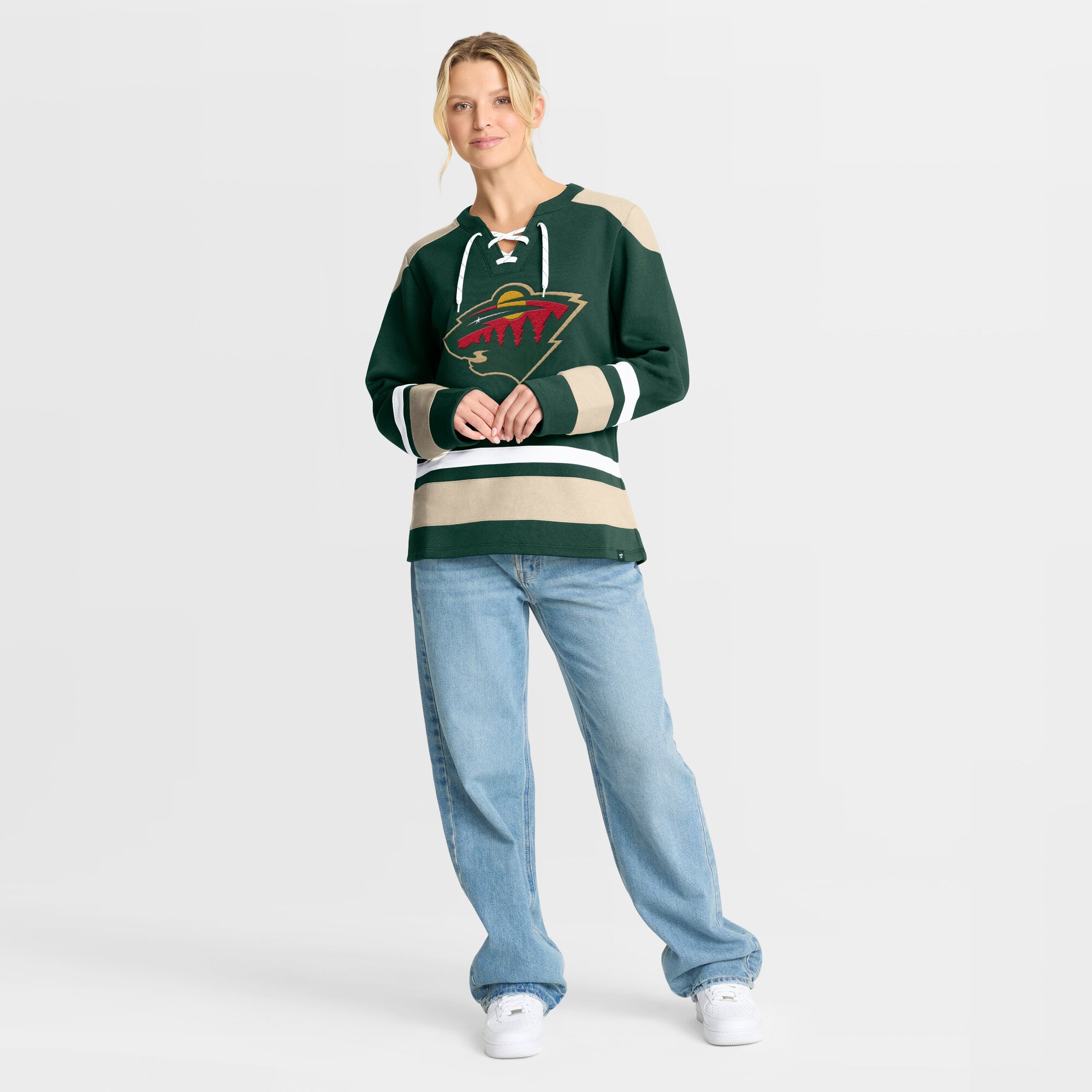 Sweat-shirt à lacets manches longues et imprimé glaçage vert Fanatics pour femme, Minnesota Wild