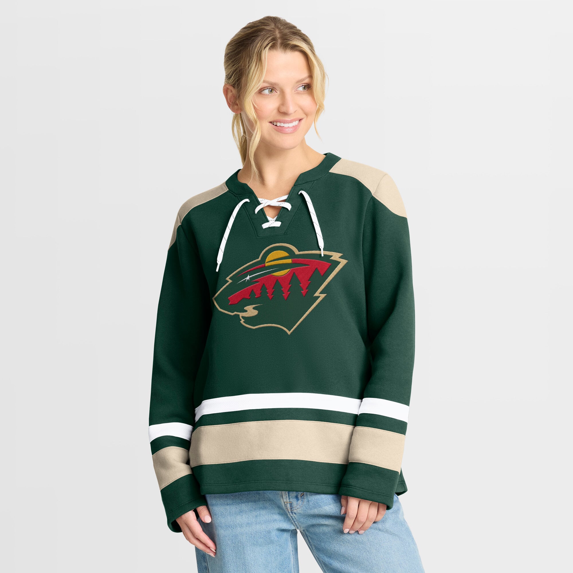 Sweat-shirt à lacets manches longues et imprimé glaçage vert Fanatics pour femme, Minnesota Wild
