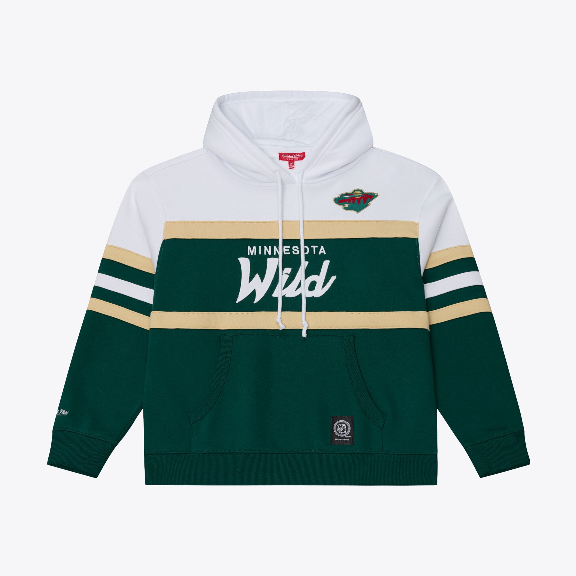 Sweat à capuche Mitchell & Ness blanc/vert pour femme, motif entraîneur-chef des Minnesota Wild