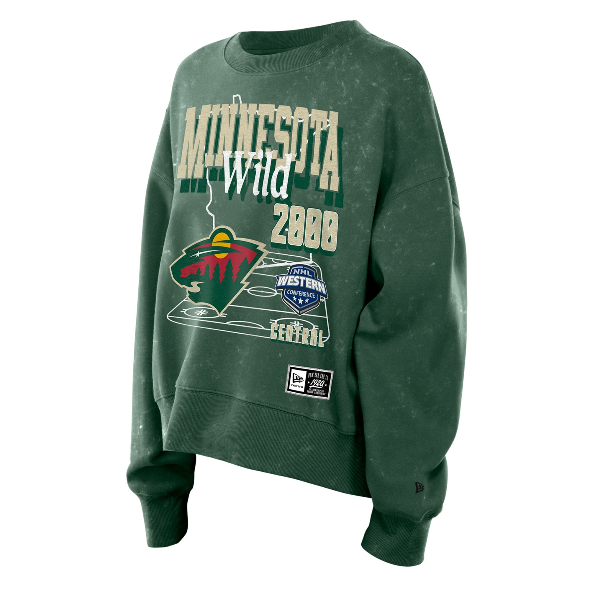 Sweat-shirt à col rond New Era vert Minnesota Wild Throwback en molleton délavé minéral pour femme