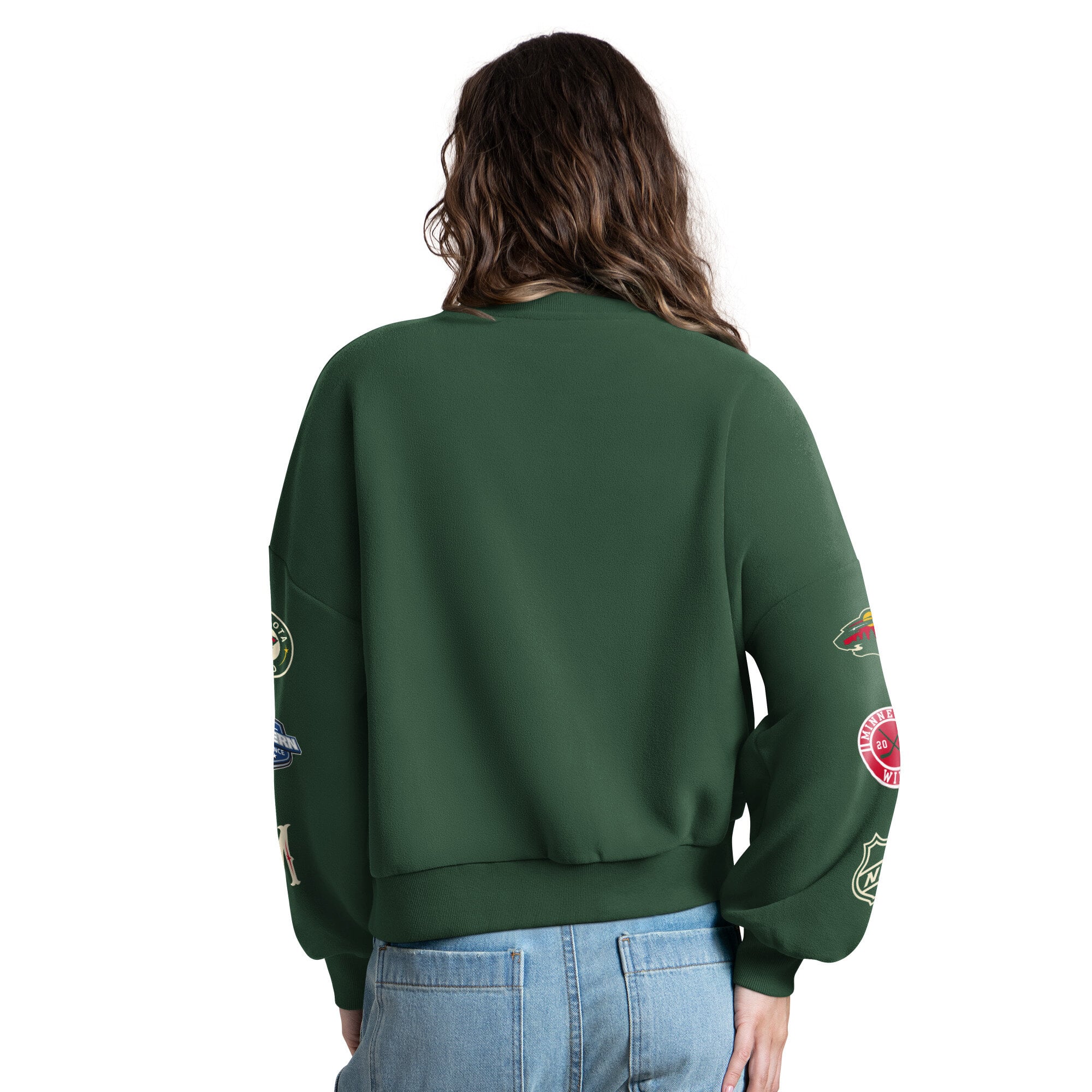 Women's Starter Green Minnesota Wild Fan Catch Applique Sleeve Print Sweatshirt