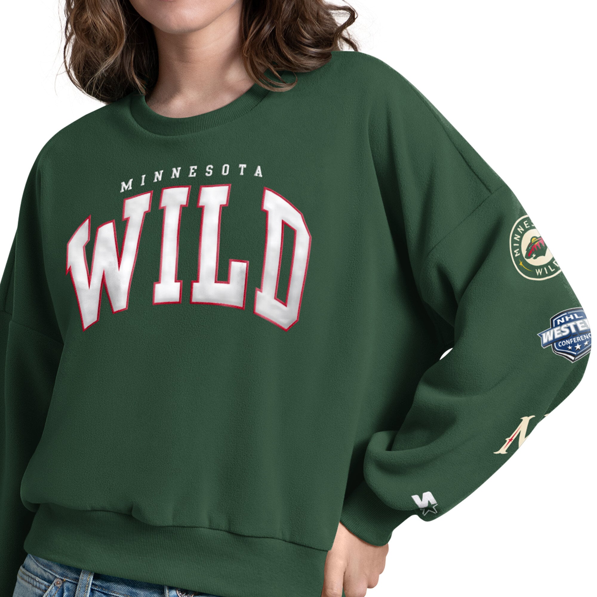 Women's Starter Green Minnesota Wild Fan Catch Applique Sleeve Print Sweatshirt