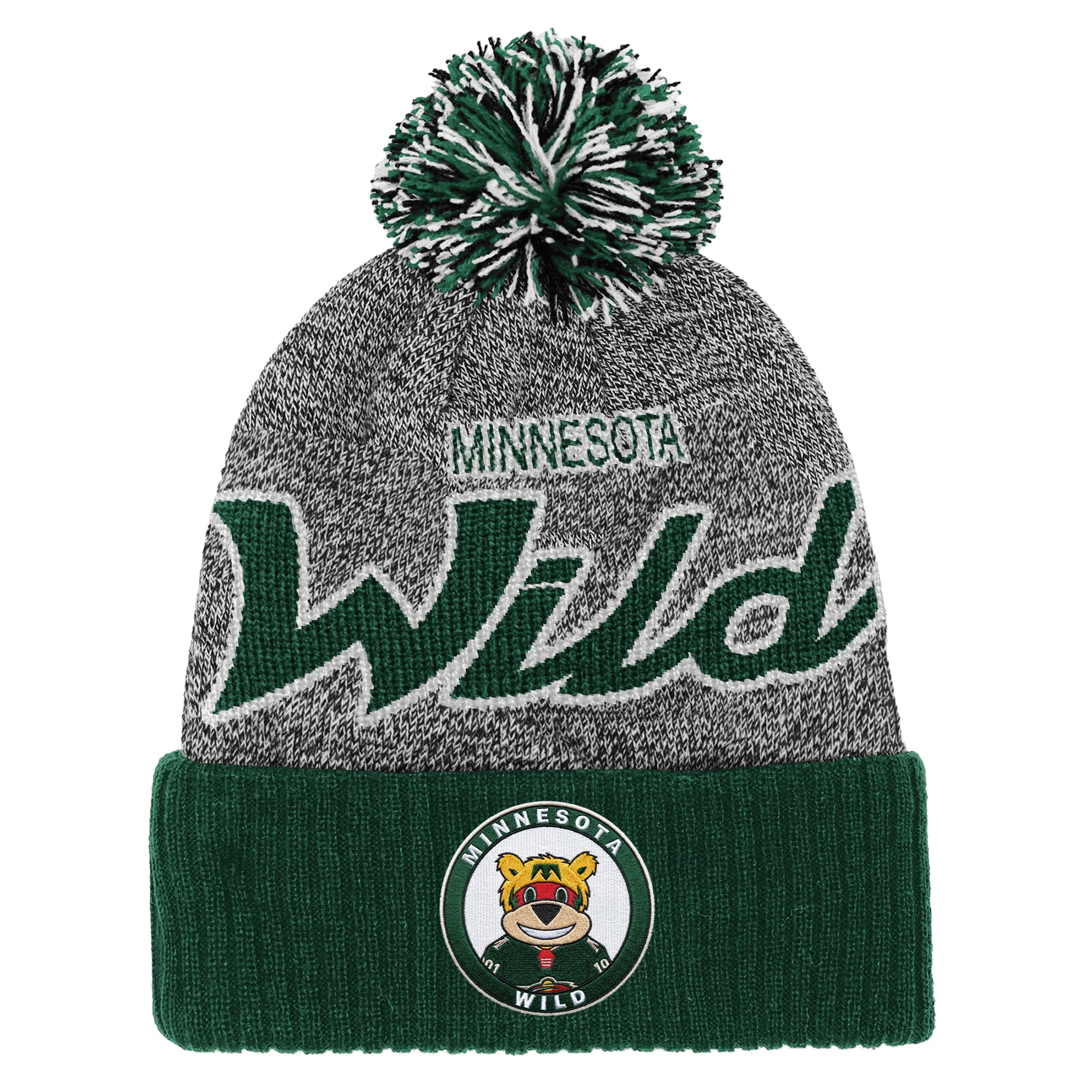 Bonnet à revers Mitchell & Ness vert/gris à l'effigie de la mascotte Minnesota Wild, avec pompon.