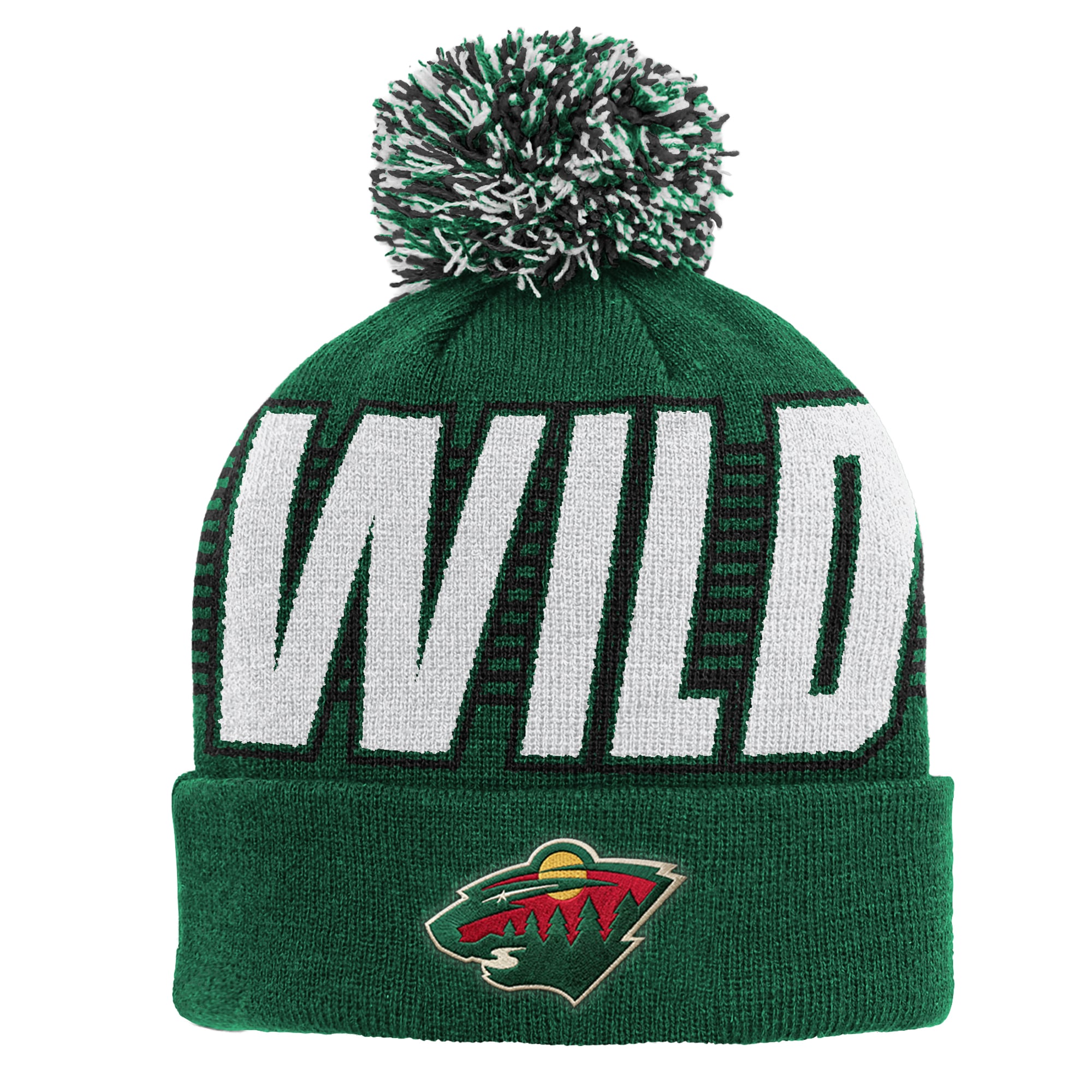 Bonnet tricoté à revers vert Minnesota Wild pour enfant, avec pompon