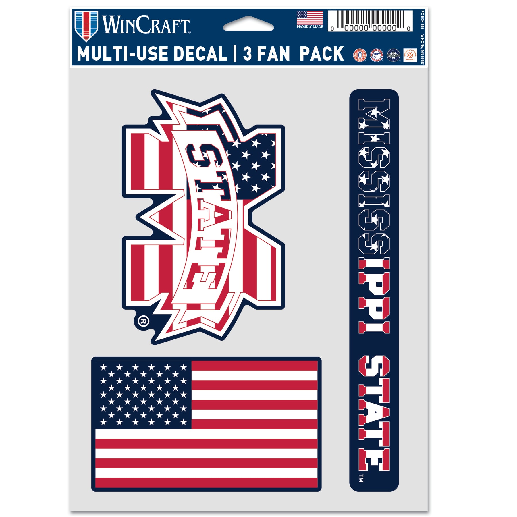 Ensemble de trois autocollants WinCraft Mississippi State Bulldogs pour supporters, motif étoiles et rayures