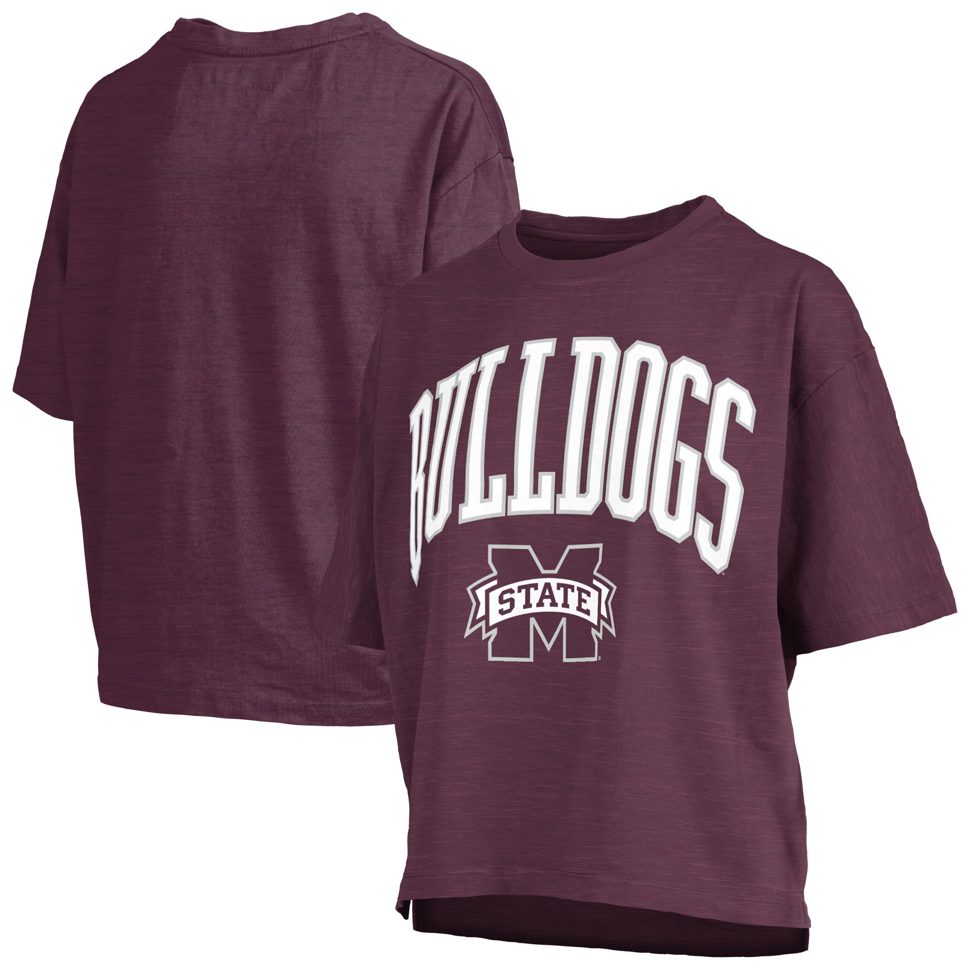 T-shirt oversize Pressbox Maroon Mississippi State Bulldogs pour femmes, logo Nelson Arch Over, en flammèche
